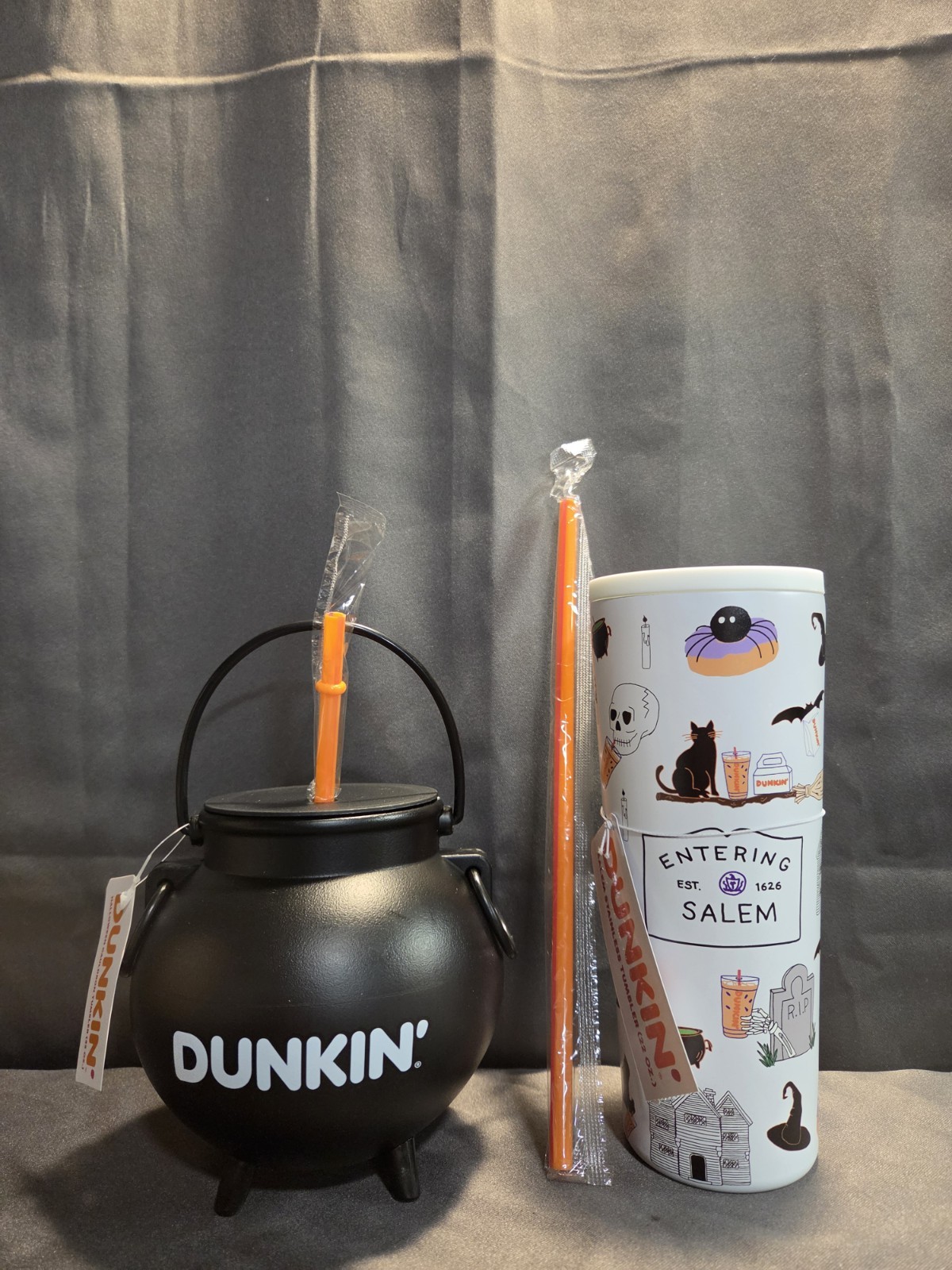 Salem Runs On Dunkin\' Halloween Tumbler and Cauldron with straws