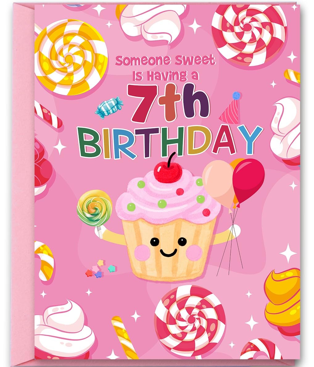 7th Birthday Card for Girl,Seven Years Old Bday Gift Card for Daughter Granddaug