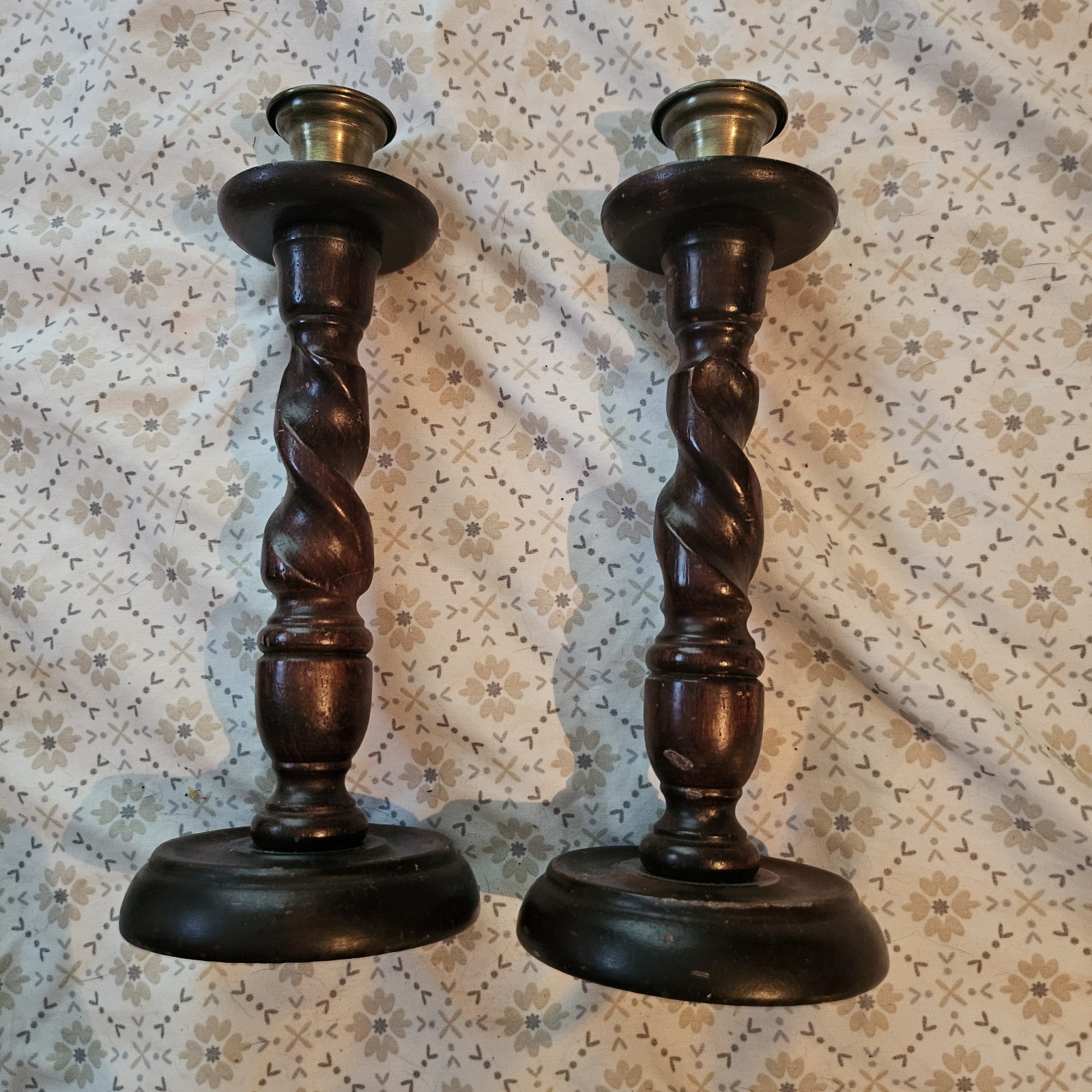 10 In Dark Stained Antique Turned Barley Twist Candlestick Pair Candle Holders