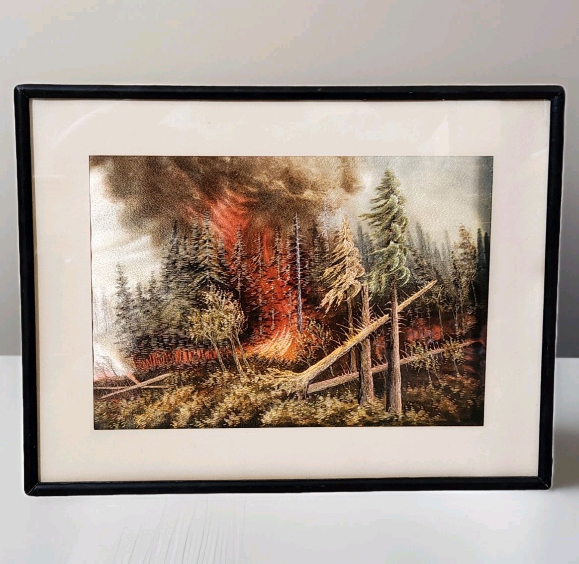 Forest Fire Thread Art Silk Embroidery Japanese Framed Rare Vtg After The READ