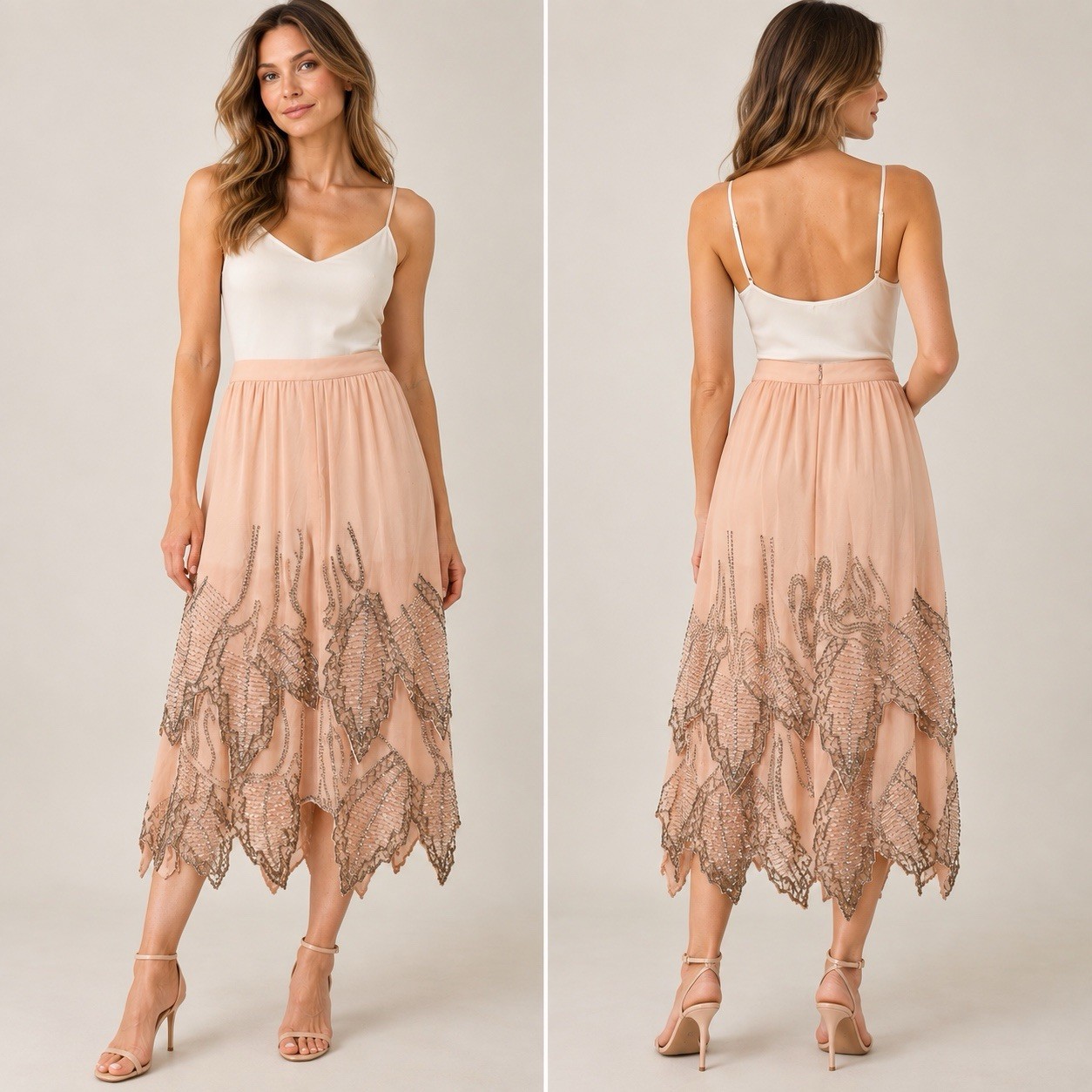 Vintage Oleg Cassini Silk Beaded Skirt Womens 6 Blush Pink Sequin Floral 80s
