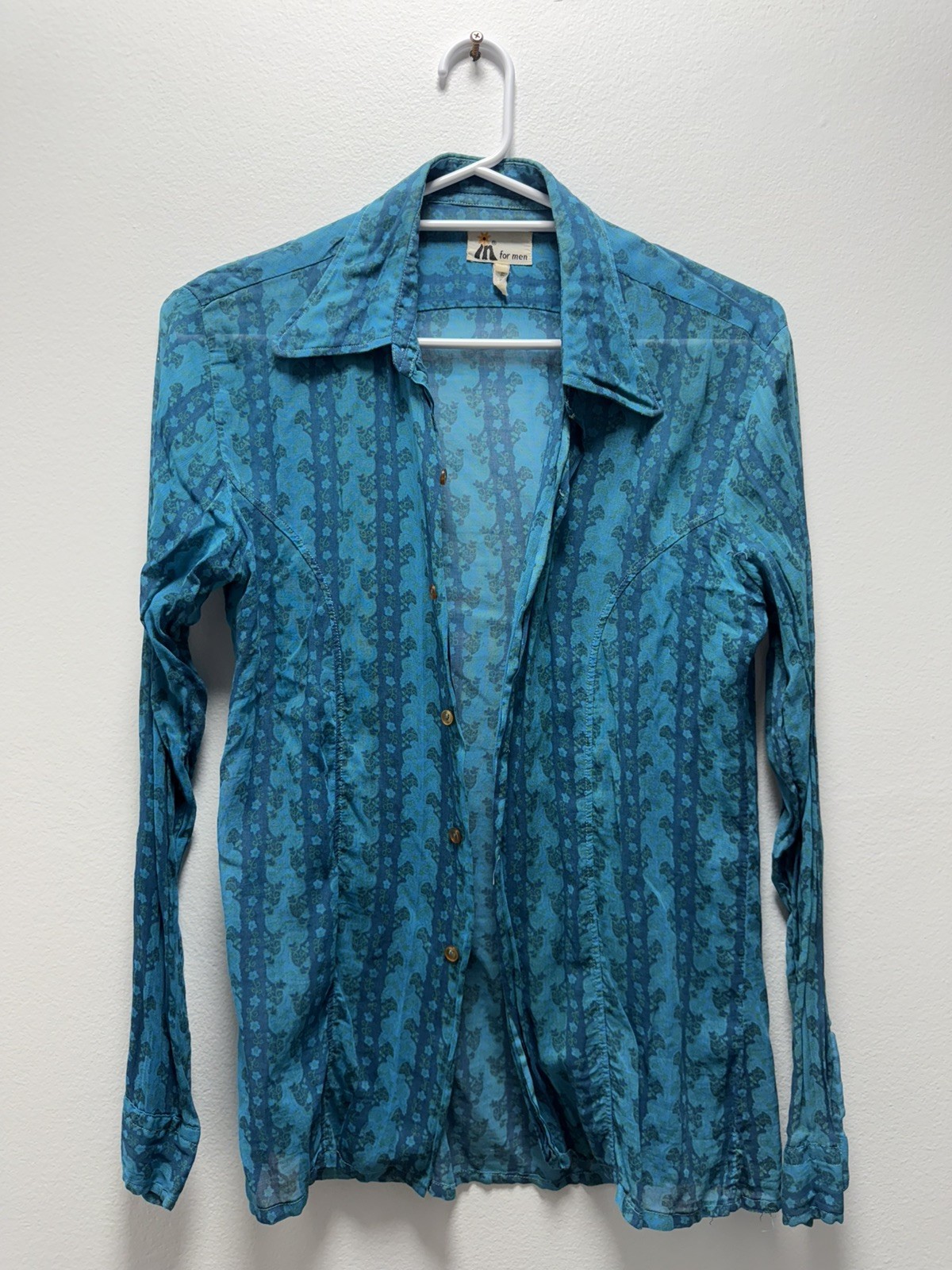 Vintage 70s Men’s Shirt Blue Turquoise Sheer Psychedelic Floral Disco Retro Vintage 70s Men’s Shirt Blue Turquoise Sheer Psychedelic Floral Disco Retro