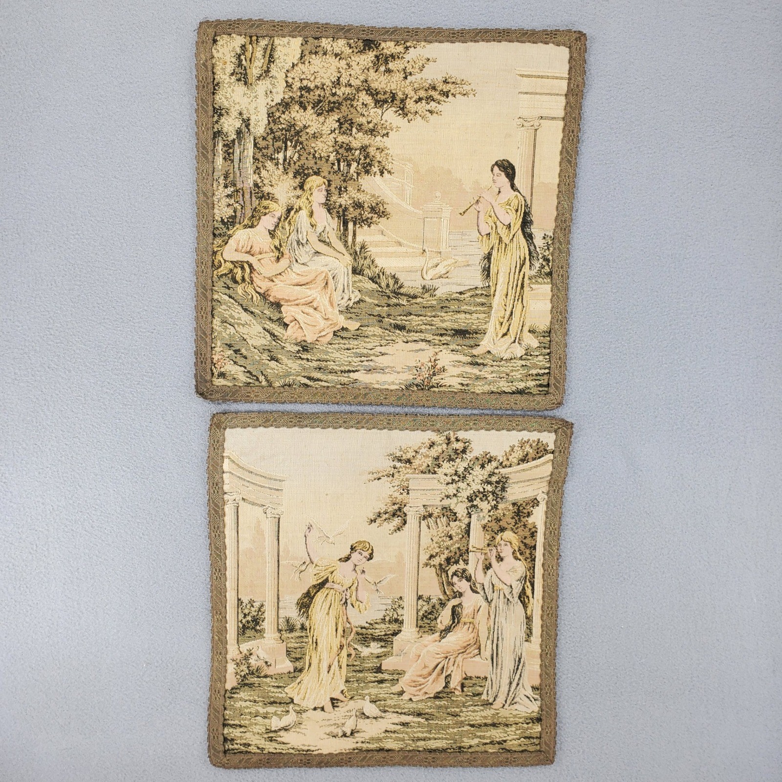 Vintage French Woven Tapestry Panels Set of 2 Beige Renaissance Pastoral Scene