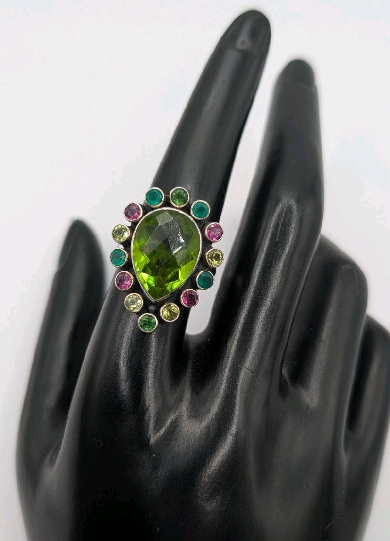 Nicky Butler Sterling Silver Green Multi Gemstone Statement Ring Size 7.75