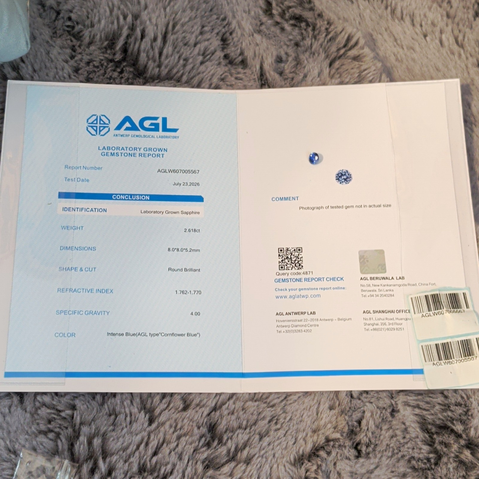 AGL Certified Lab-Created Blue Sapphire 2.618ct Round Cut 8.08x8.05mm AGL Certified Lab-Created Blue Sapphire 2.618ct Round Cut 8.08x8.05mm