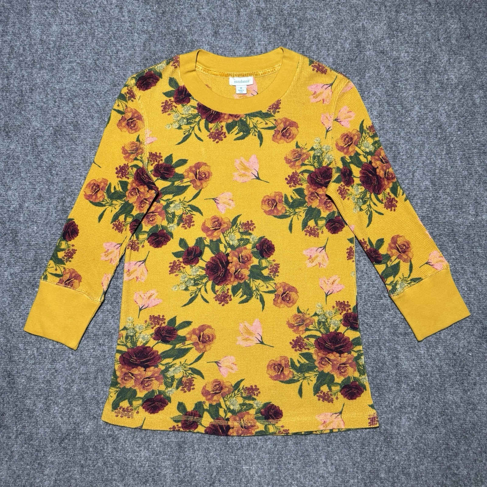 Sundance Yellow Floral Thermal Top Women M Cotton Waffle Knit Boho Cottagecore