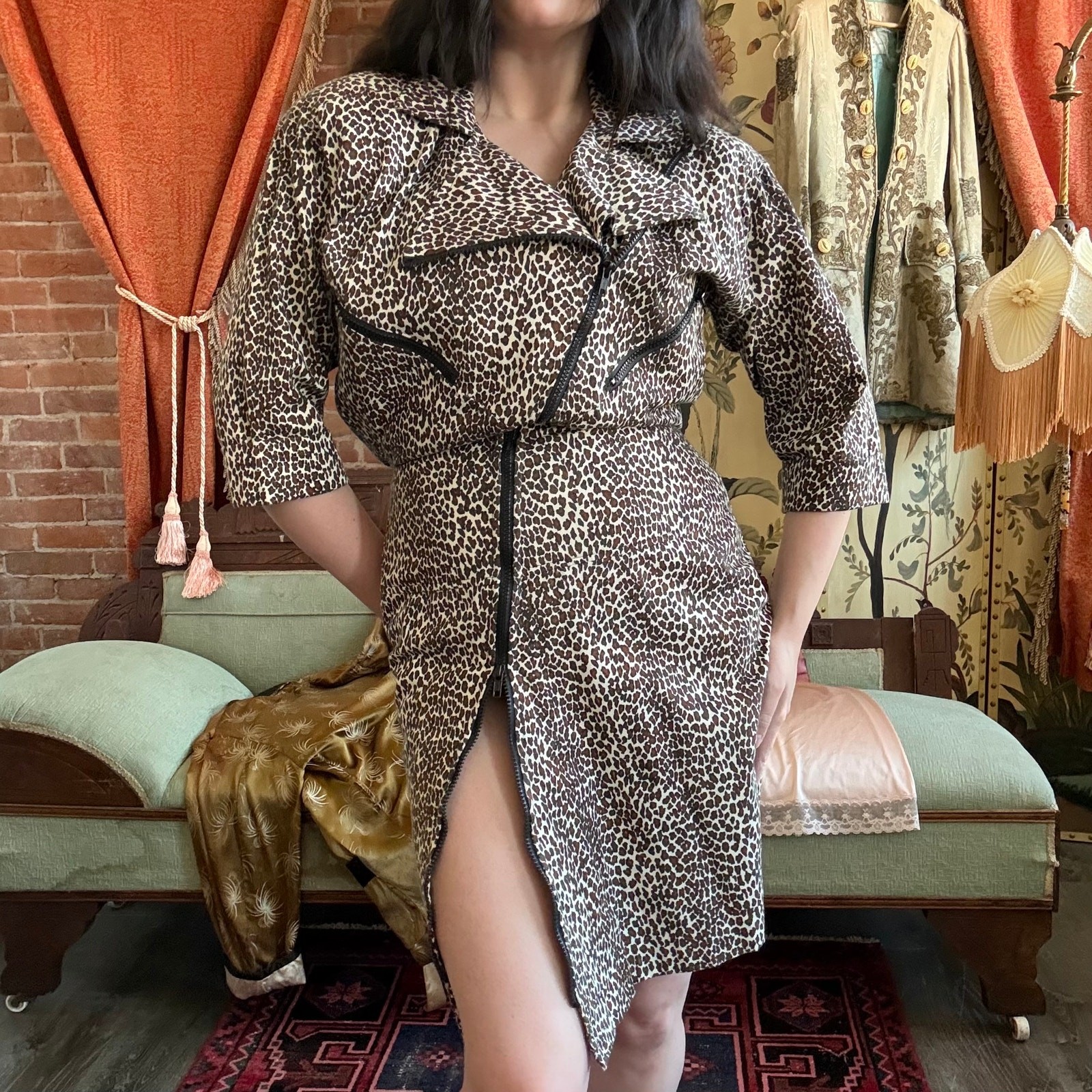 Vtg 80s All That Jazz Leopard Print Asymmetric Zip Dress Made USA Cotton 9/10