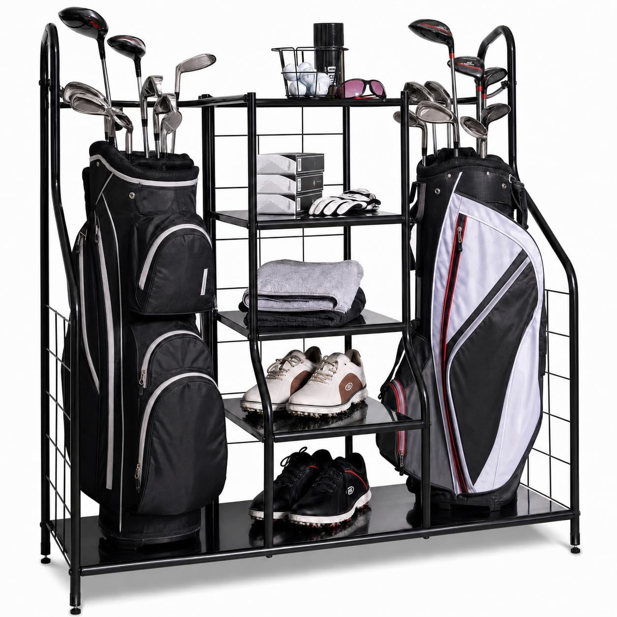 Morvat Golf Organizer Holds 2 Golf Bags 5 Metal Shelves Adjustable Feet 38x36x16