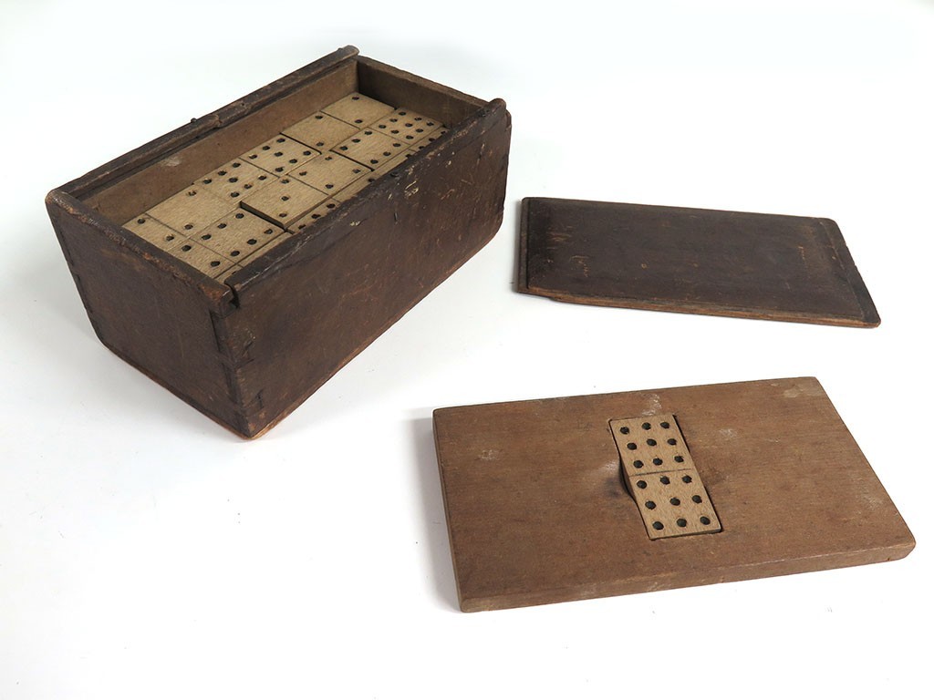 Antique Double-Nine Domino set handmade primitive box 19th century war folk POW