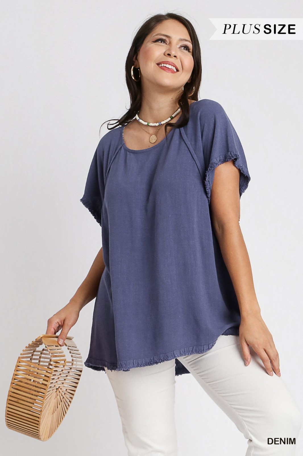Umgee Plus Denim Color Linen Blend Round Neck Top with Frayed Edges at Hem Umgee Plus Denim Color Linen Blend Round Neck Top with Frayed Edges at Hem