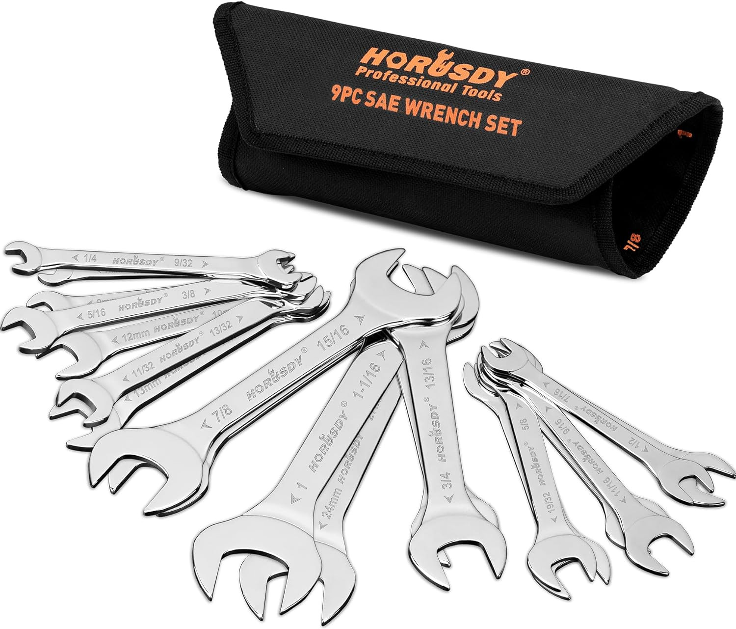19-Piece Super-Thin Open End Wrench Set with Rolling Pouch, CR-V Steel SAE & Met 19-Piece Super-Thin Open End Wrench Set with Rolling Pouch, CR-V Steel SAE & Met