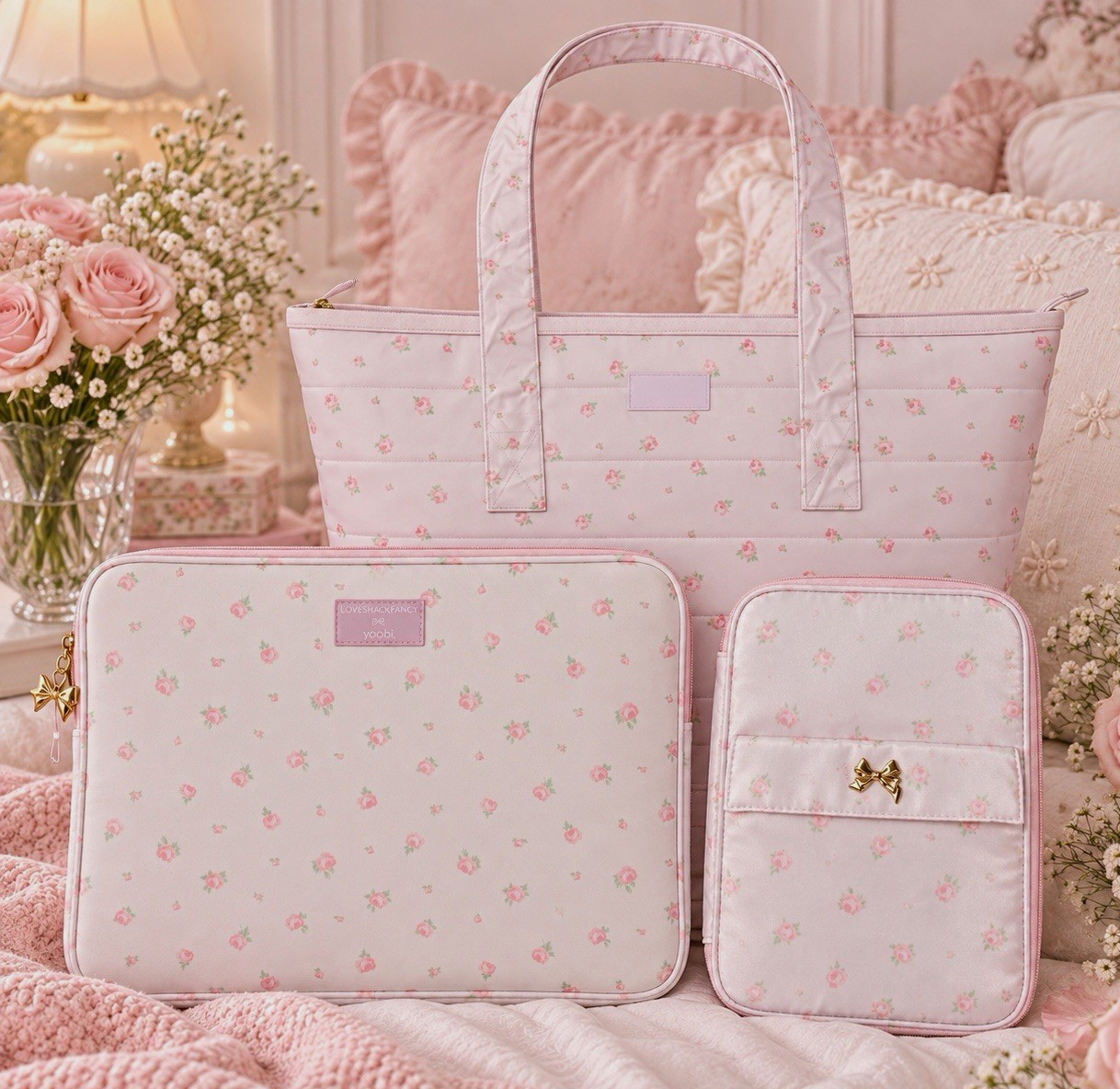 LoveShackFancy x Target Yoobi Pink Tote Laptop Sleeve Tech Organizer 3pc NWT