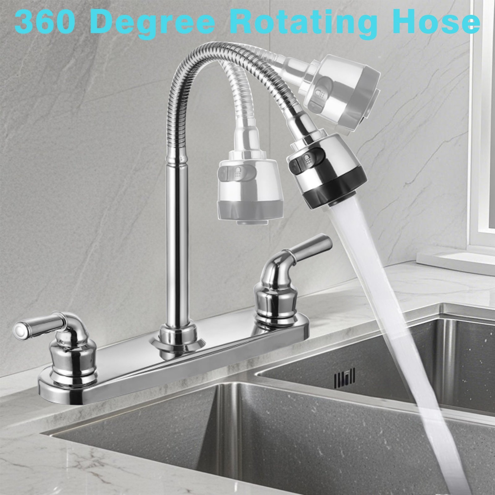 360° 8inch Chrome Kitchen Faucet Sink Mixer Pull Down Sprayer 2 Handle Plastic