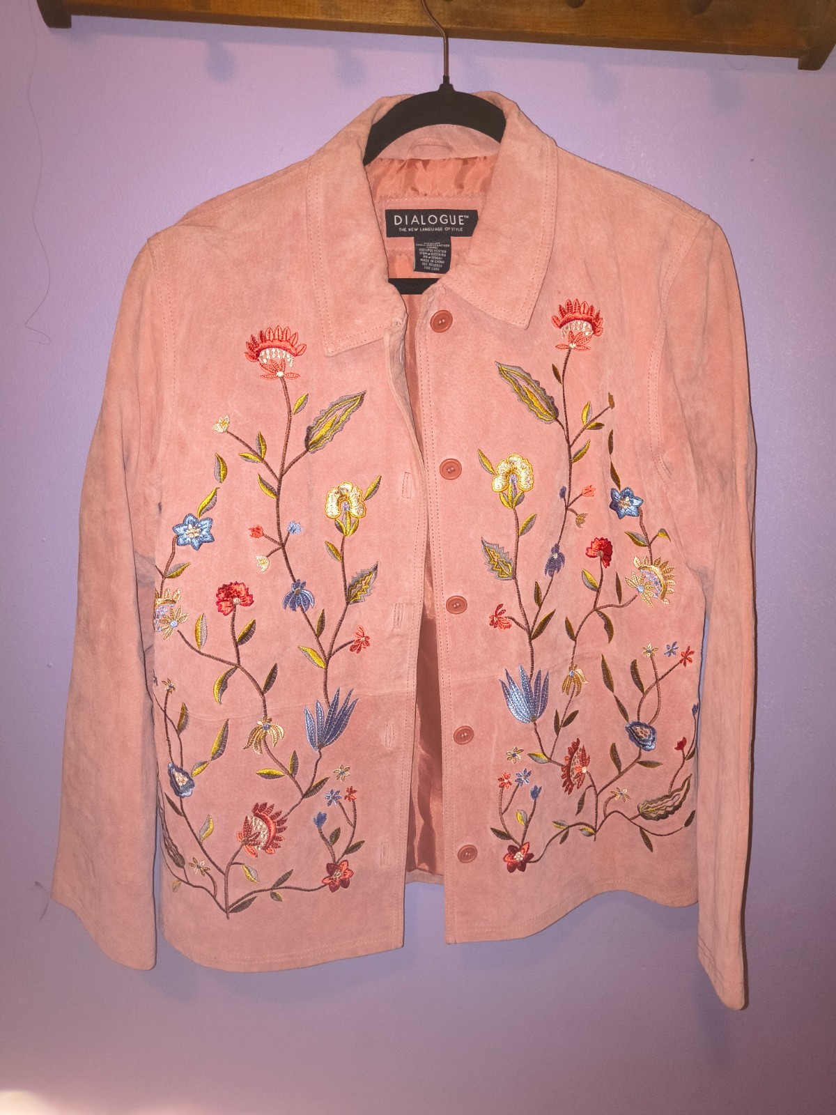 Vintage Dialogue Womens suede leather jacket pink with floral embroidery sz M
