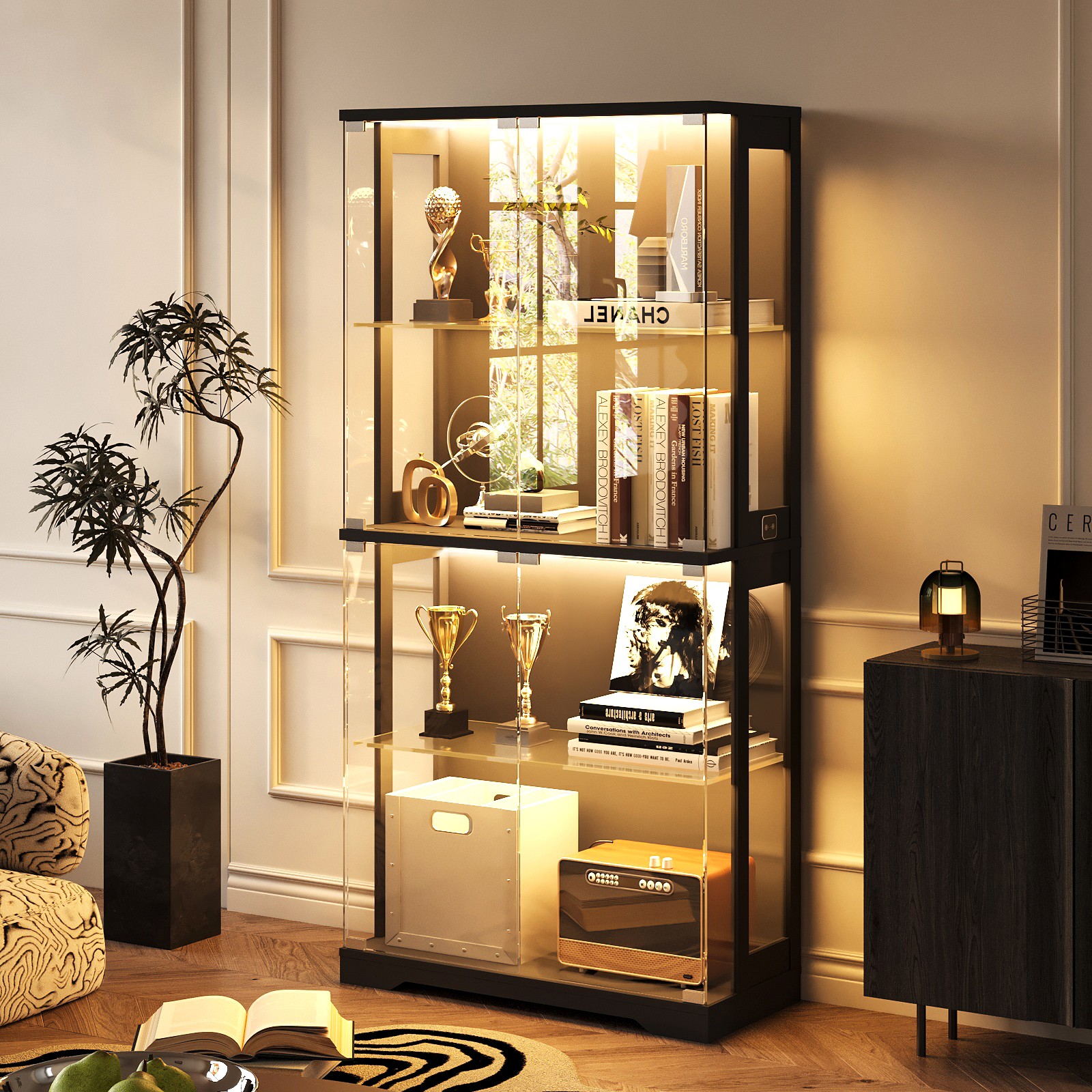 BROTTAR 4-Tier Free Standing Glass Display Cabinet with Doors + 3 Color Lights
