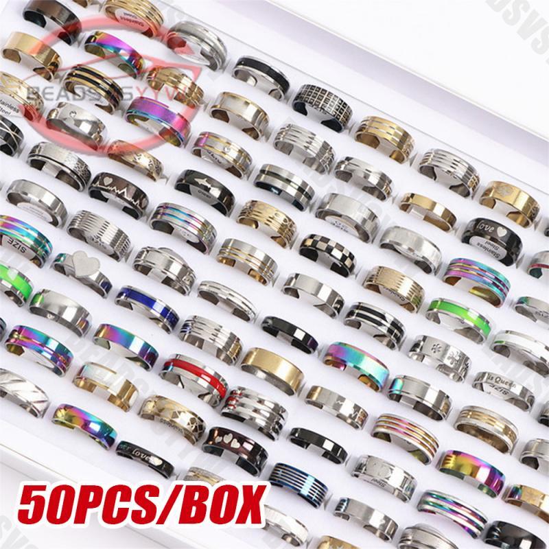 50pcs Wholesale Bulk Lot Mixed Stainless Steel Rings Men's Women's Band Ring