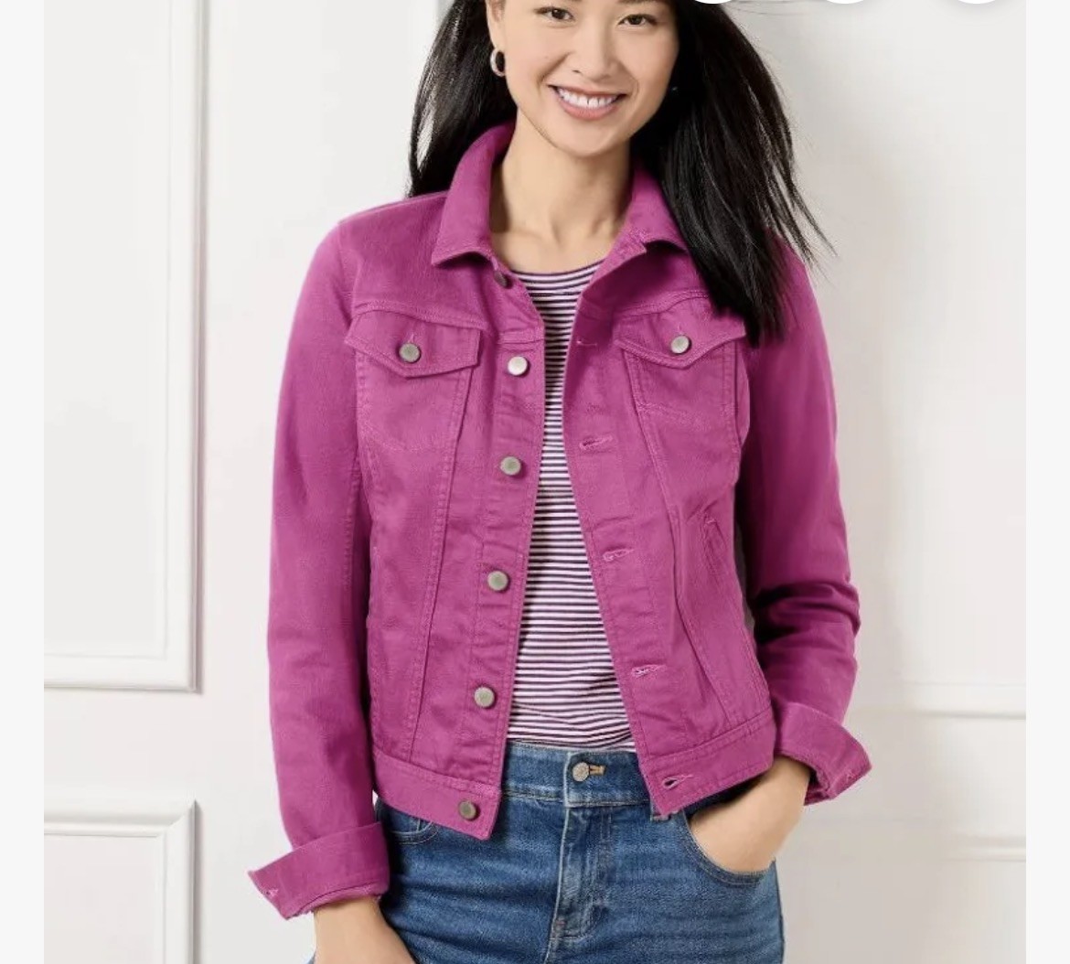 Talbots Women\'s Preppy Fuchsia Denim Jacket XL Stretch Cotton Button Front 