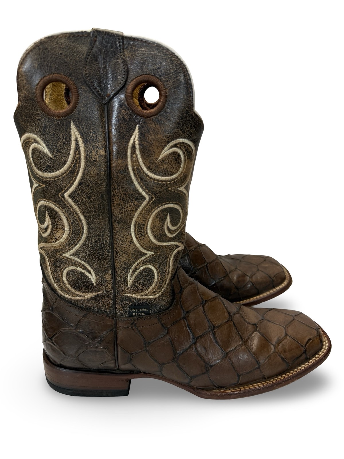 Vintage Original Reyme Caiman Brown Western Mens Square Toe Cowboy Boots 9.5 D