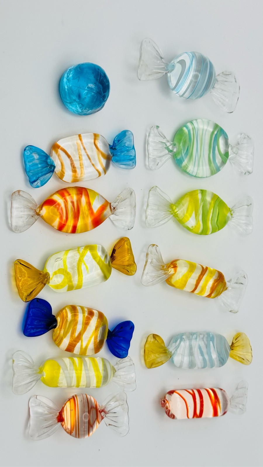 12 Pc VTG Blown Art Glass Wrapped Candy Ornaments Multi-colored Murano Style