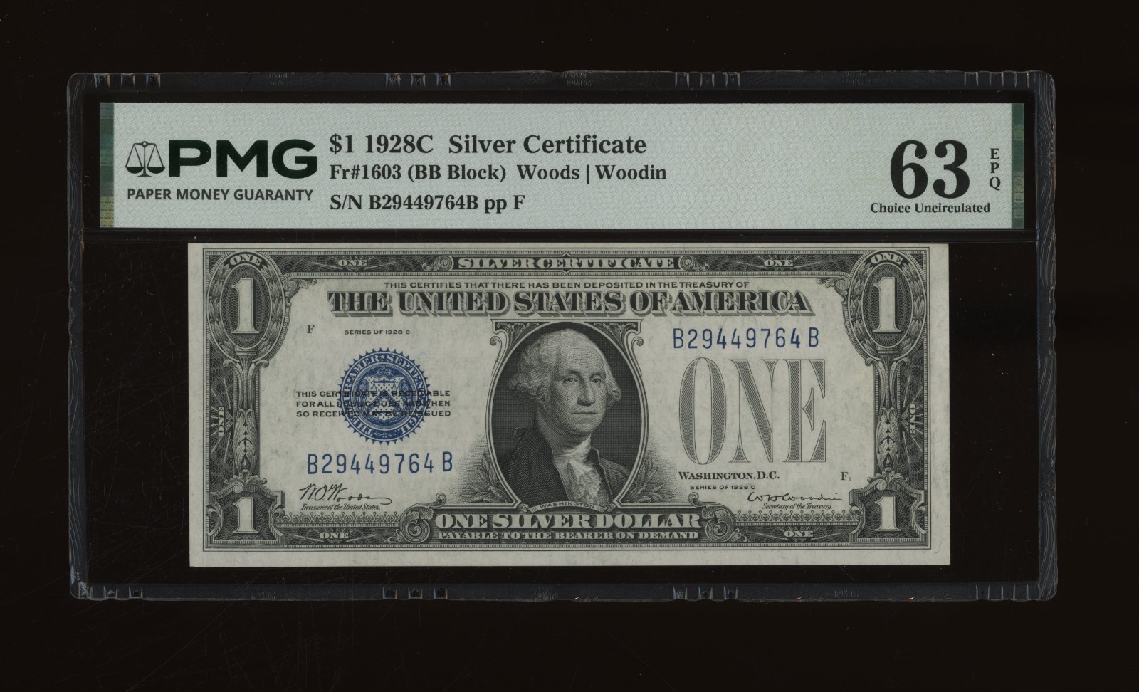 DBR 1928-C Scarce $1 Silver Funnyback Fr. 1603 PMG 63 EPQ Serial B29449764B
