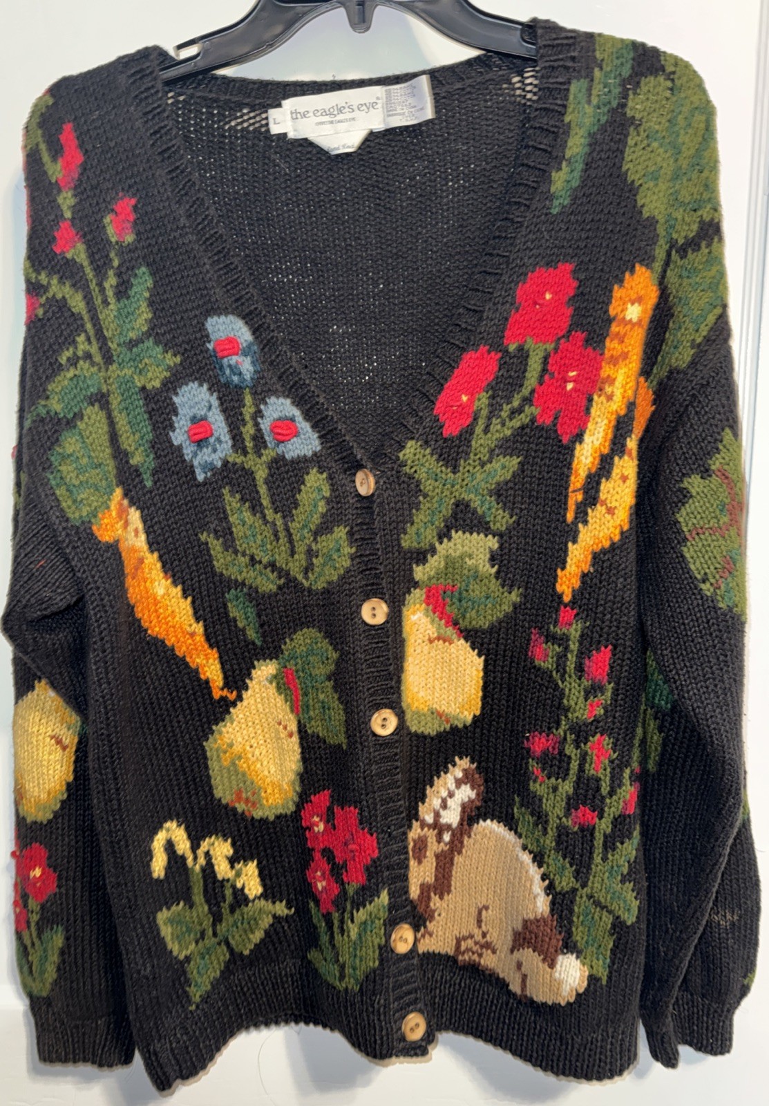 Vtg Eagle\'s Eye 90s Hand Knit Flower Vegetable Rabbit Sweater Grandma Chunky L Vtg Eagle\'s Eye 90s Hand Knit Flower Vegetable Rabbit Sweater Grandma Chunky L