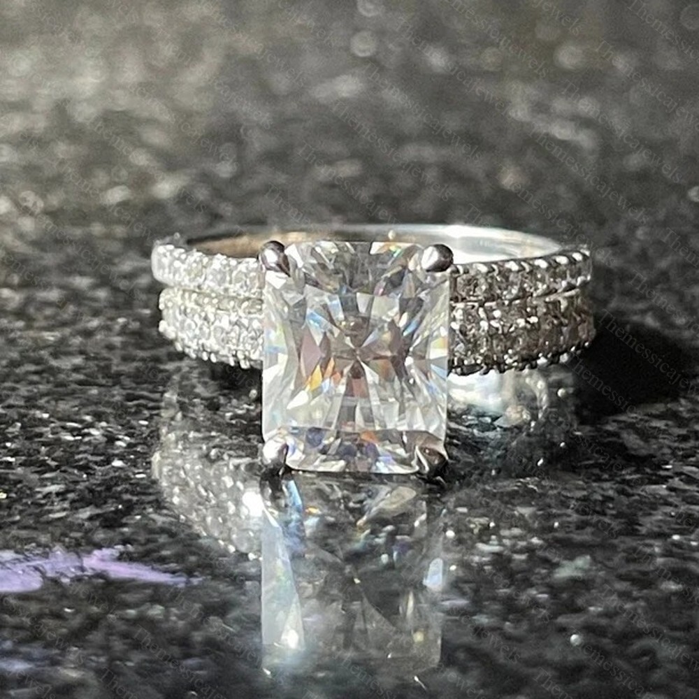 2.84 TCW Radiant Cut Moissanite Bridal Set Engagement Ring 14k White Gold Plated