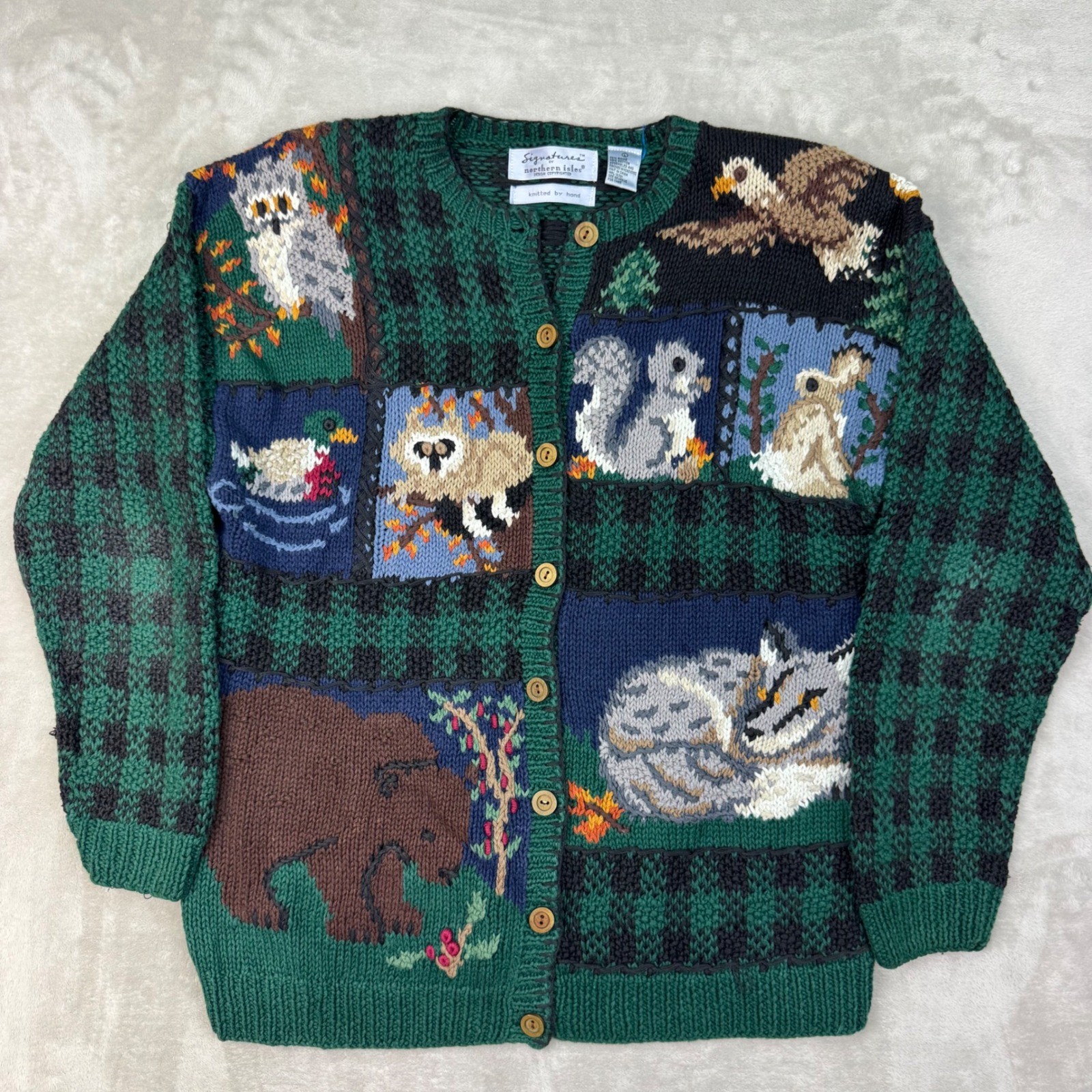 VINTAGE Northern Isles Hand Knitted Forest Animals Cardigan Sweater Size Large