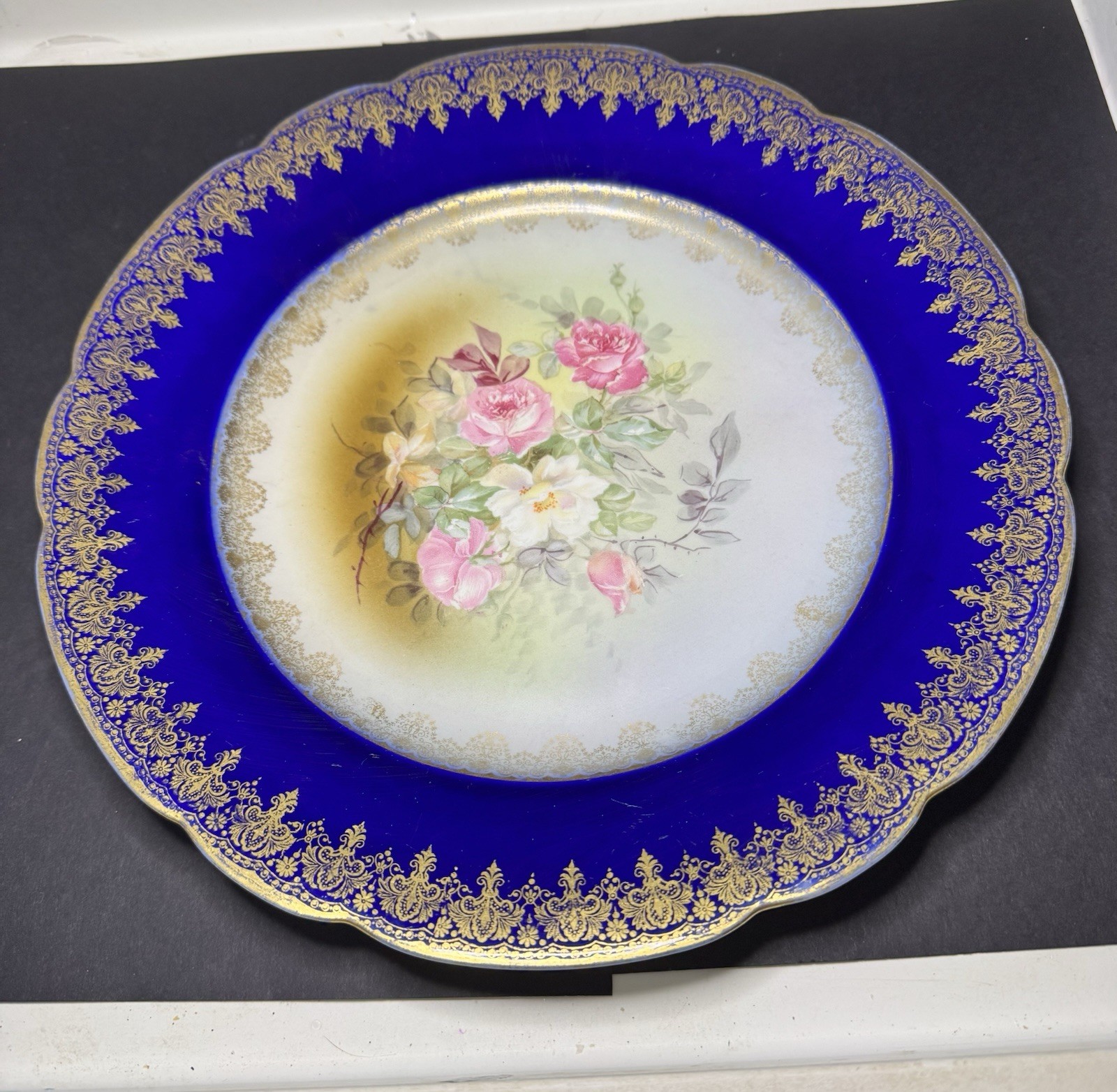 Antique Haviland Limoges France Cobalt Blue Gold Rose Floral Plate c1900