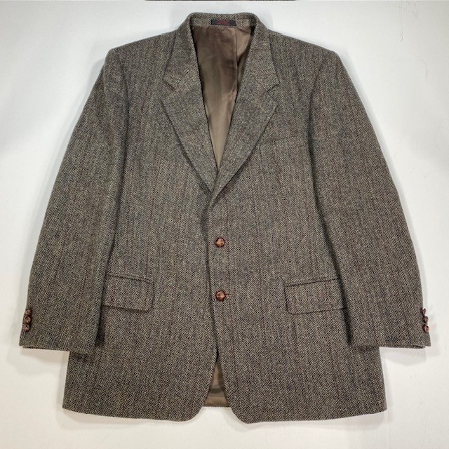 Mens 44L Brown Tweed Herringbone 100% Wool Blazer Jacket English Manor