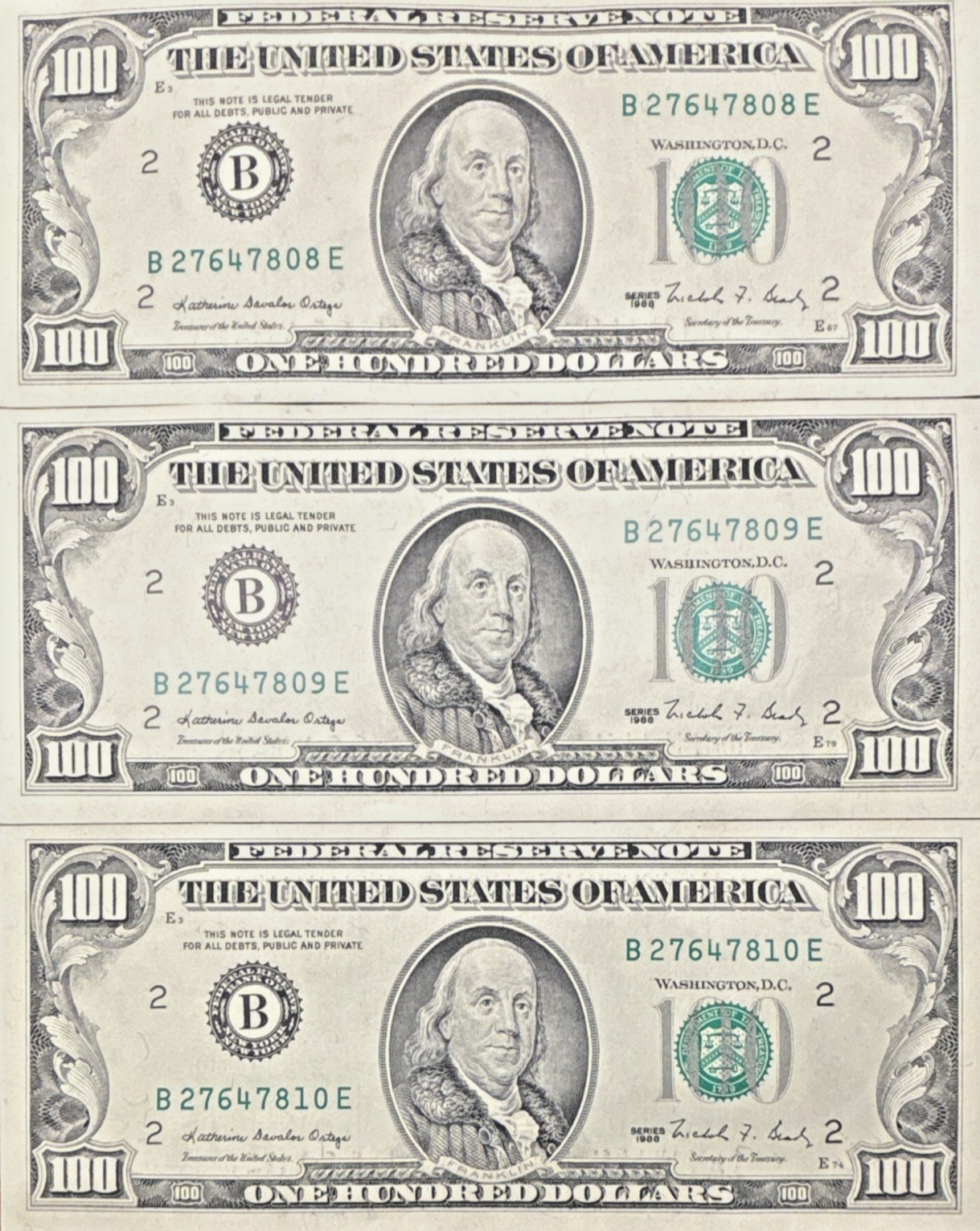 $100 Notes (3). Series 1988. Sequential and Uncirculated RARE