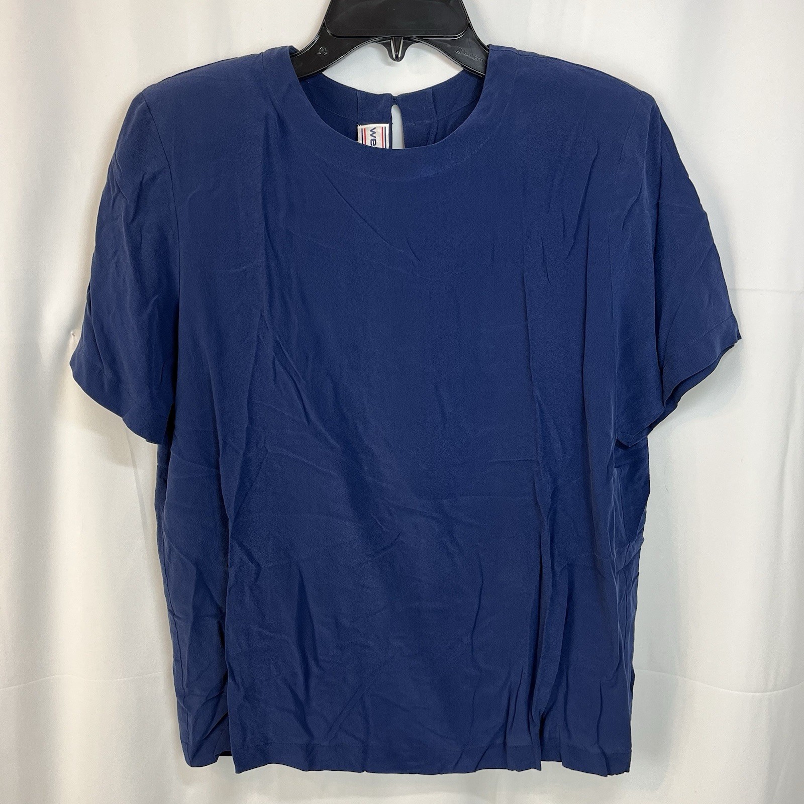 VTG Women’s Large Silk Blouse Navy Blue Short Sleeve Boxy Dressy Career Casual
