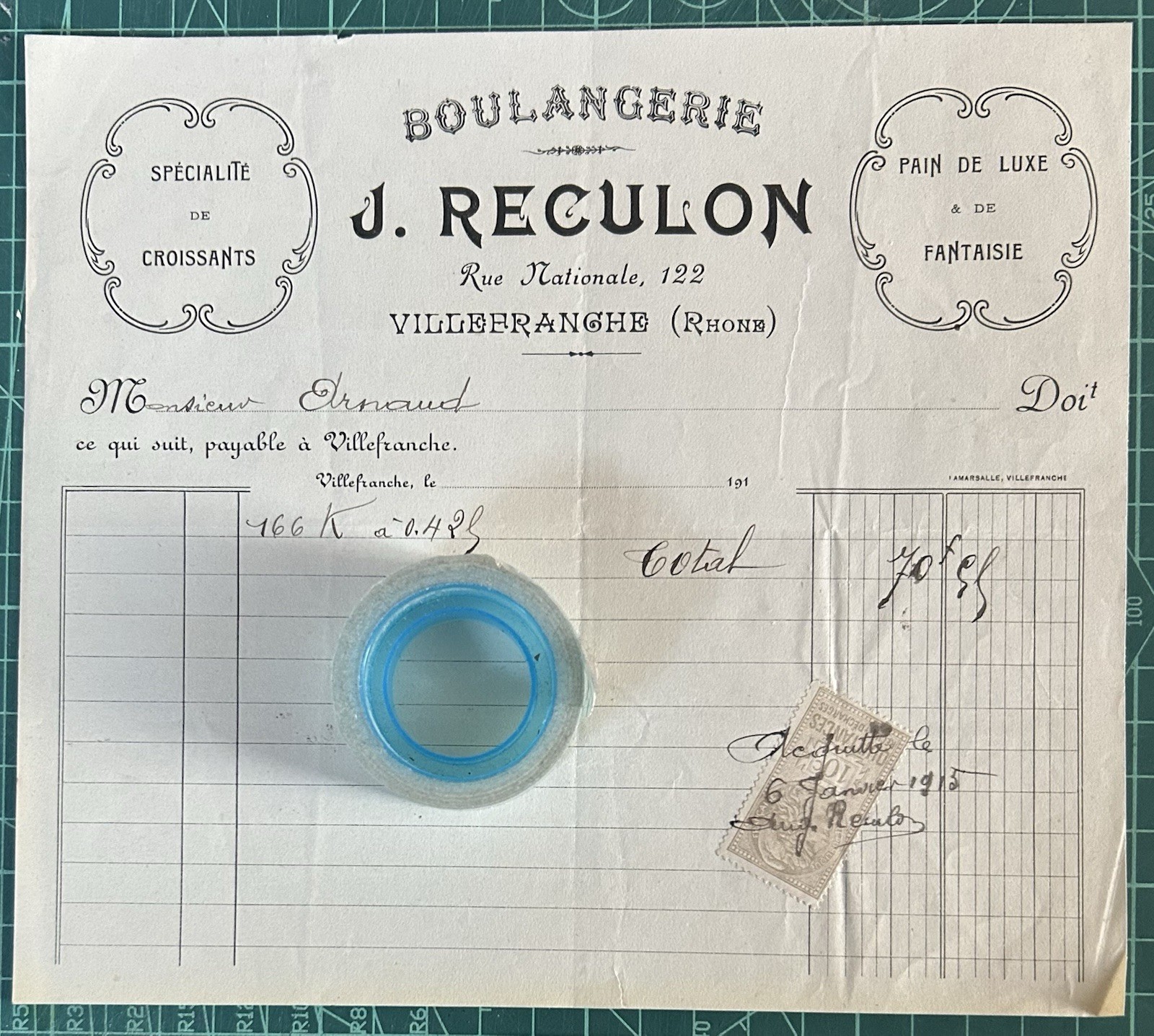Rare invoice Boulangerie J.RECULON-Villefranche 1915 Rare invoice Boulangerie J.RECULON-Villefranche 1915