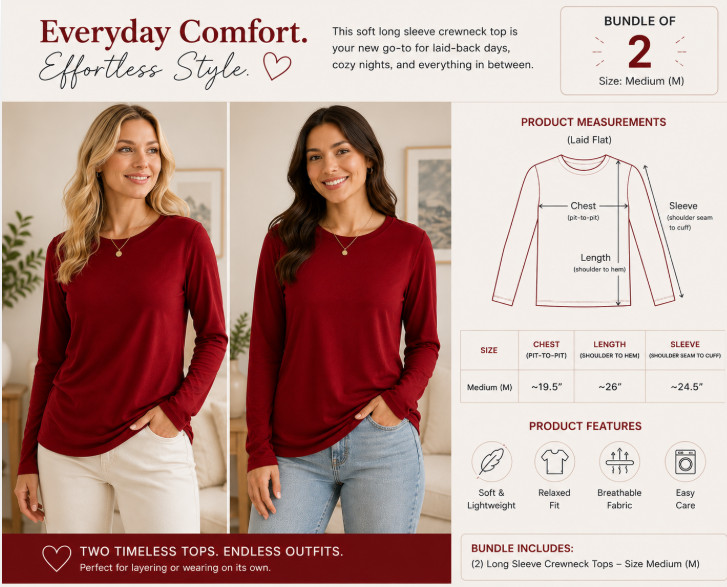 2 Pack-Women's Red SUPIMA Cotton-Long Sleeve - A New Day T-Shirts Sizes S/M/L