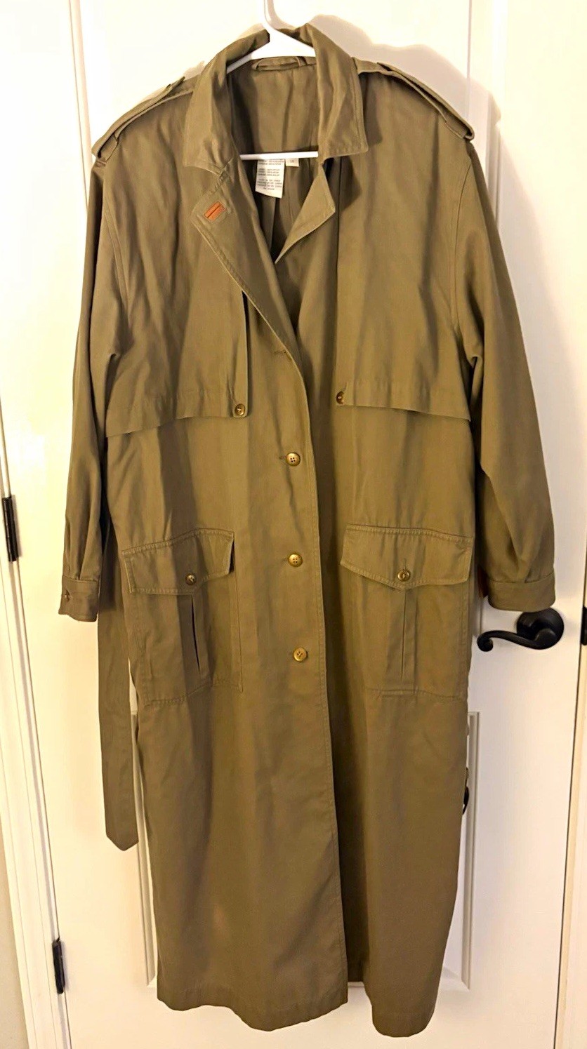 Together Vintage Women’s Olive Long Lined Trench Coat Size 14 Button Pockets
