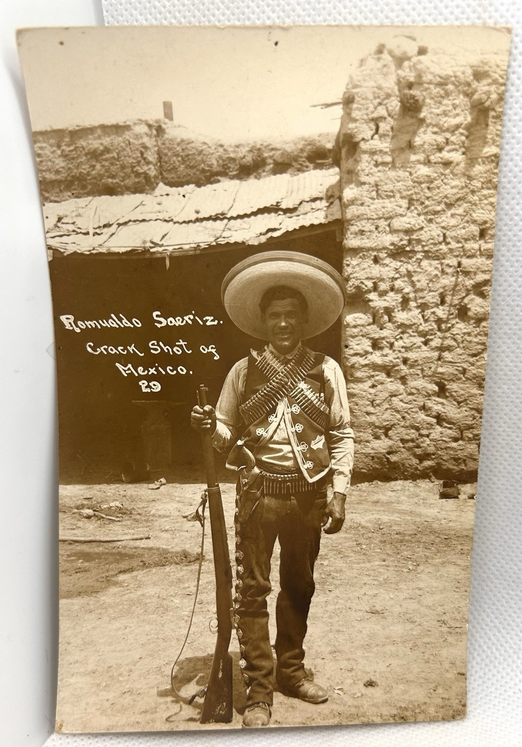 RPPC Mexican Revolution Romualdo Saeriz Crack Shot Rifle AZO Postcard