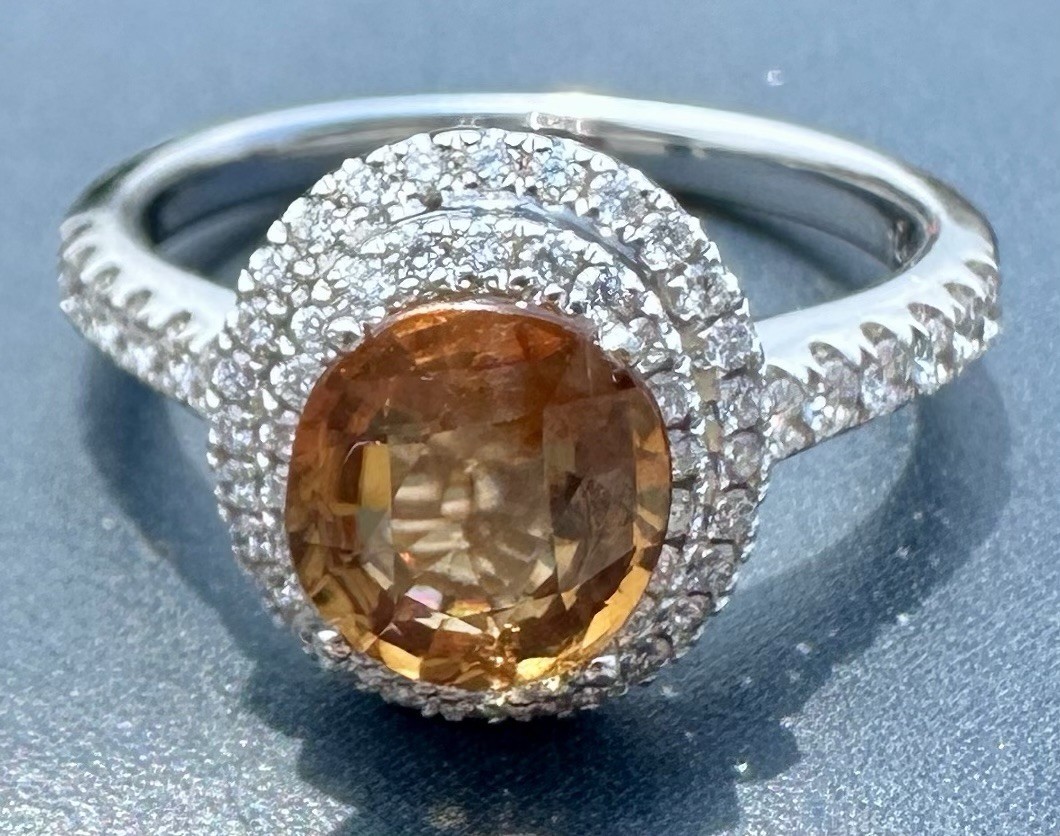 GORGEOUS HONEY COGNAC COLOR FLASH GEMMY ZIRCON DIAMOND COCKTAIL RING 14K