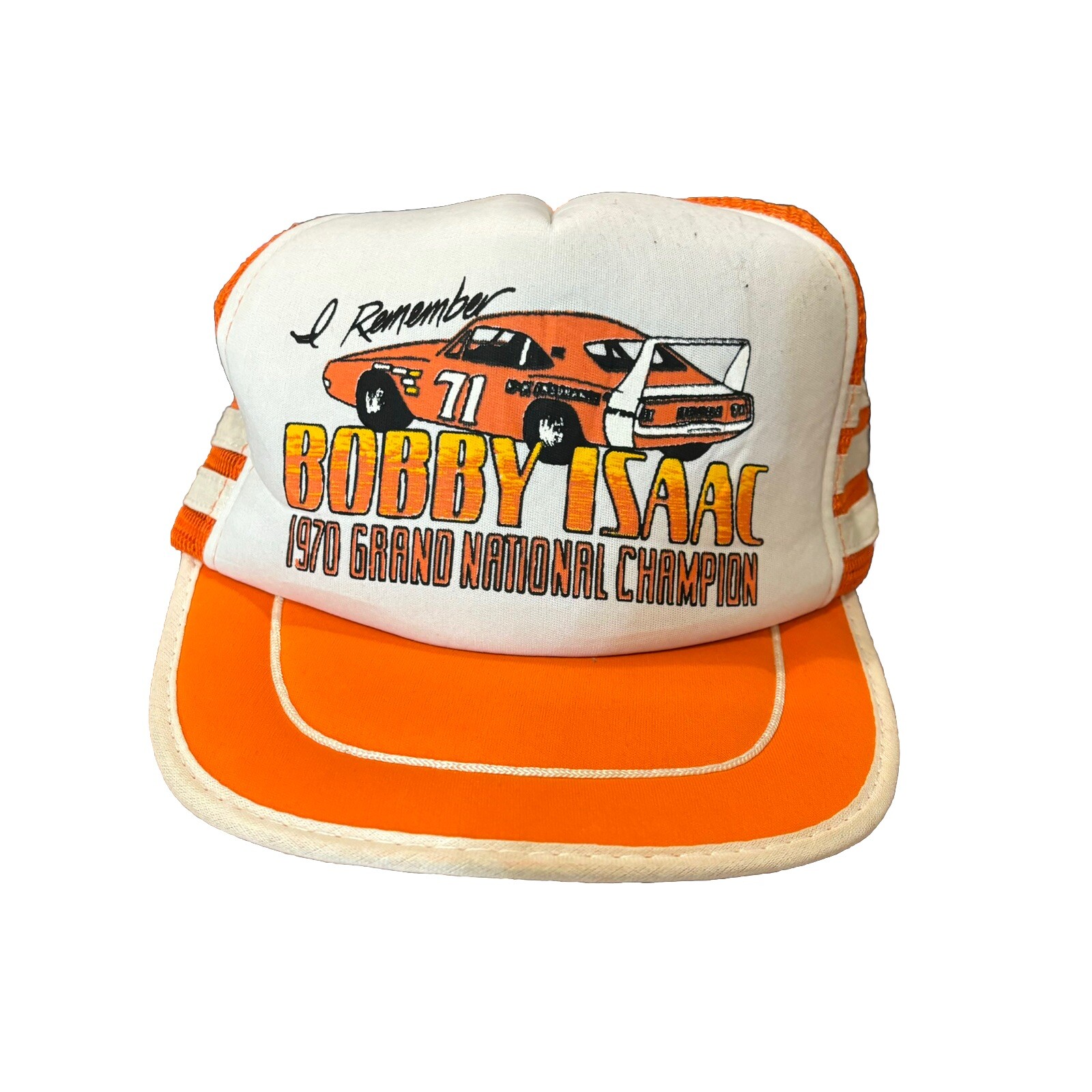 Vintage 1970 Grand National Champion Bobby Isaac 3 Stripe Mesh Trucker Hat Snap