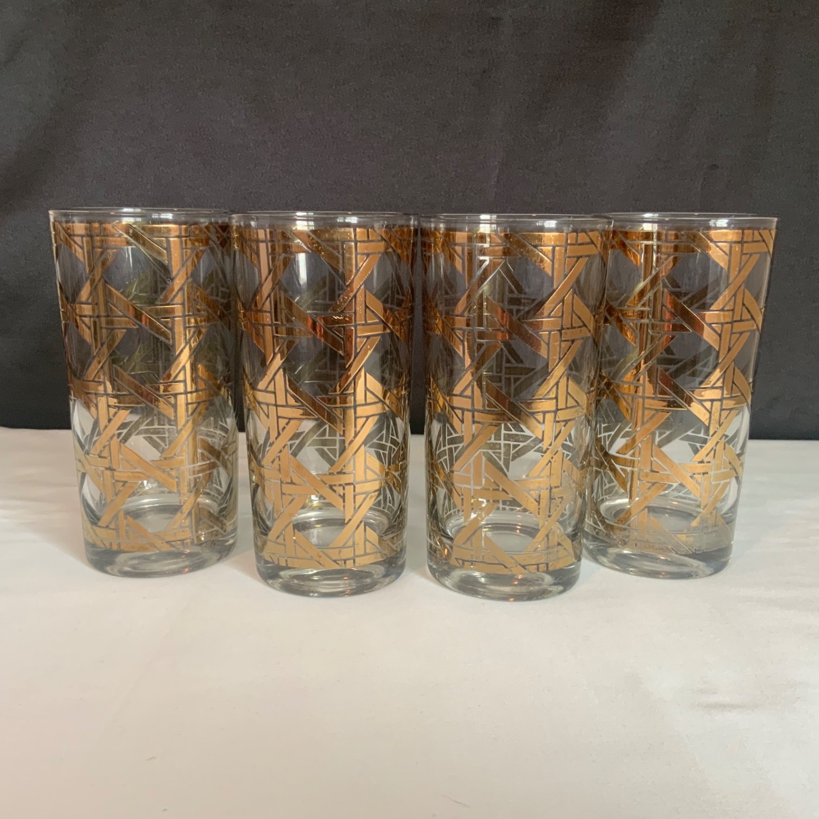 Vintage Cera Glass 12 Oz Highball Tumblers Gold Geometric MCM Set of 4