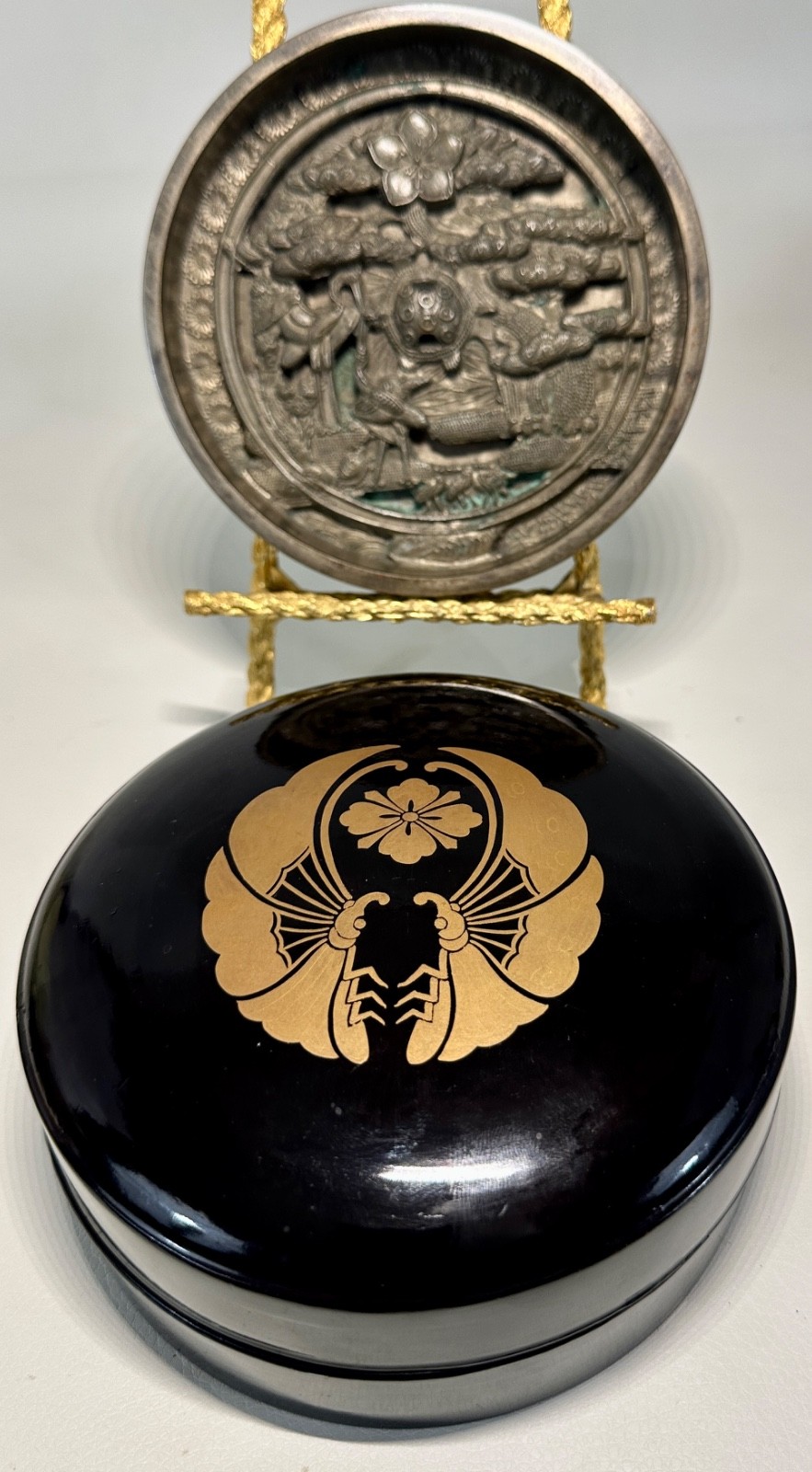 Ornate Antique Japanese Edo Period Bronze Mirror Kagami W Later Lacquer Box