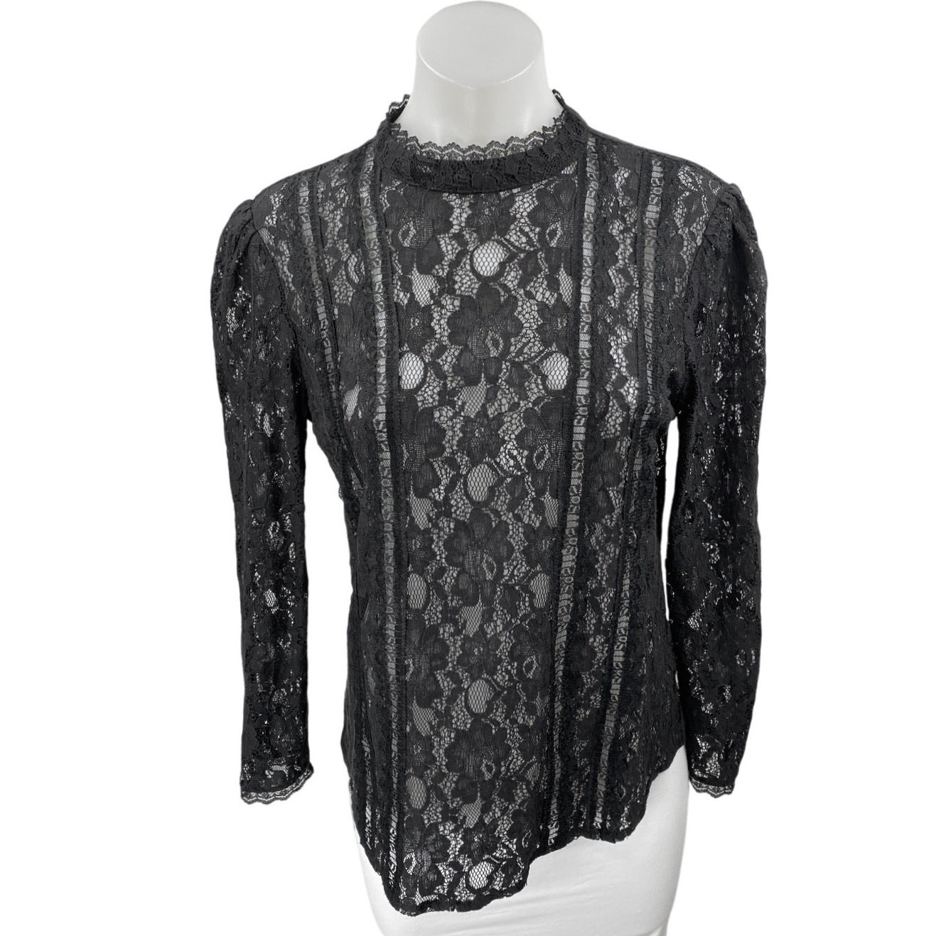 Reformation Kruger Black Floral Lace Long Sleeve Mock Neck Sheer Blouse Top Sz S