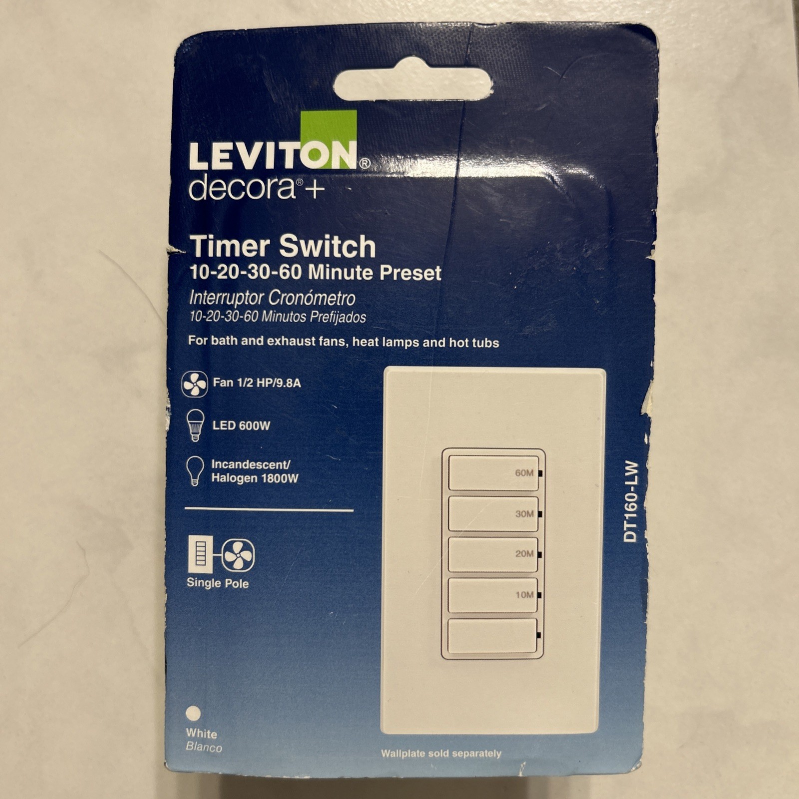 LEVITON Decora+ 10-20-30-60 Minute Preset Timer Switch DT160-LW LEVITON Decora+ 10-20-30-60 Minute Preset Timer Switch DT160-LW