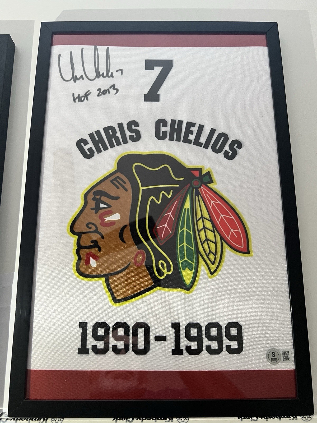 Chris Chelios Signed Chicago Blackhawks Flag HOF 2013 Beckett Framed Auto