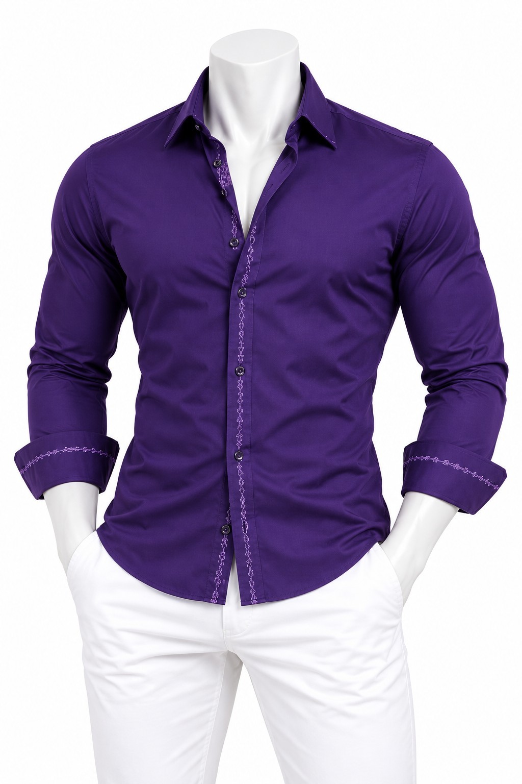 Robert Graham Men’s L Purple Solid Cotton Long Sleeve Button-Up Point Collar