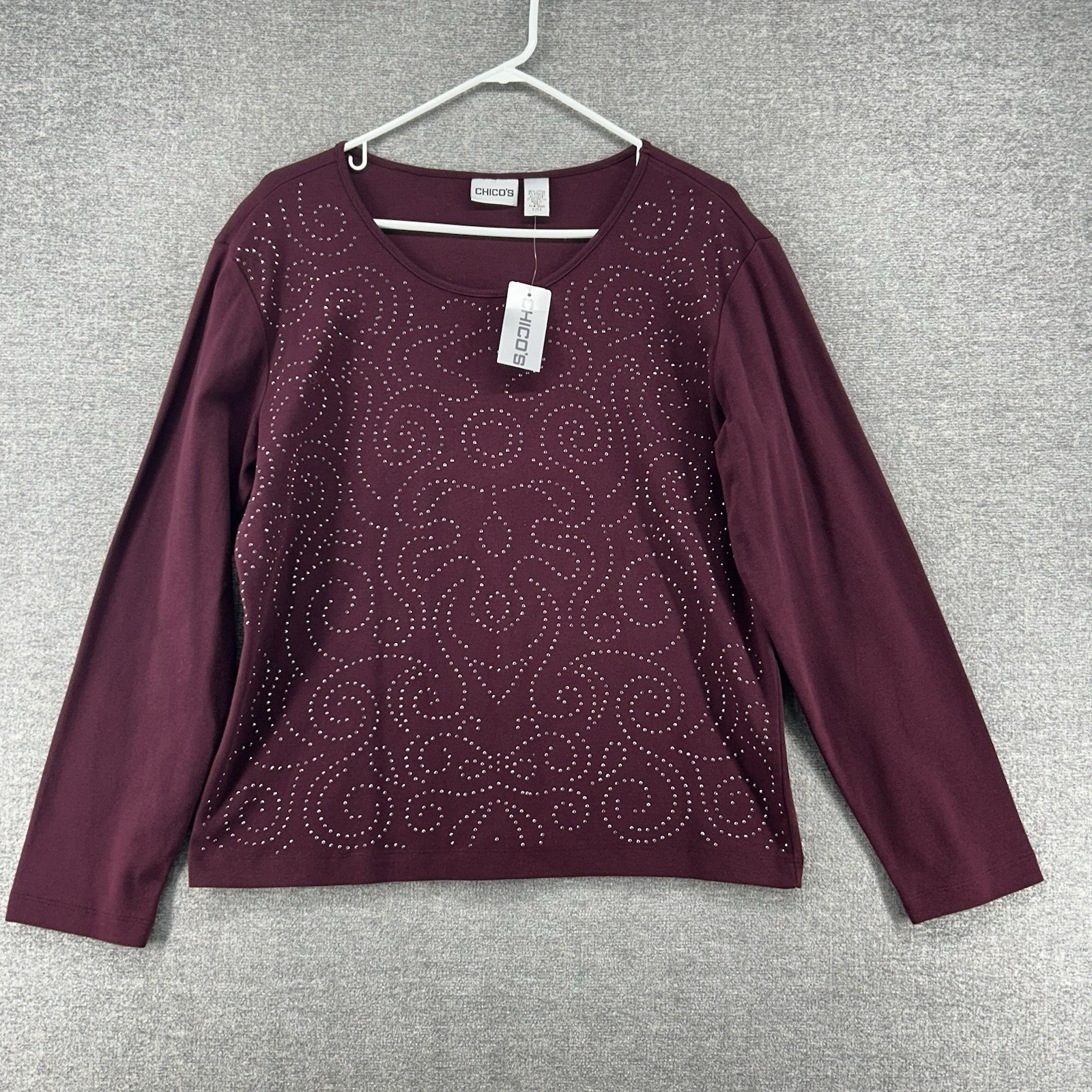 Chicos Long Sleeve Top Women Size 2 Burgundy Casual NEW
