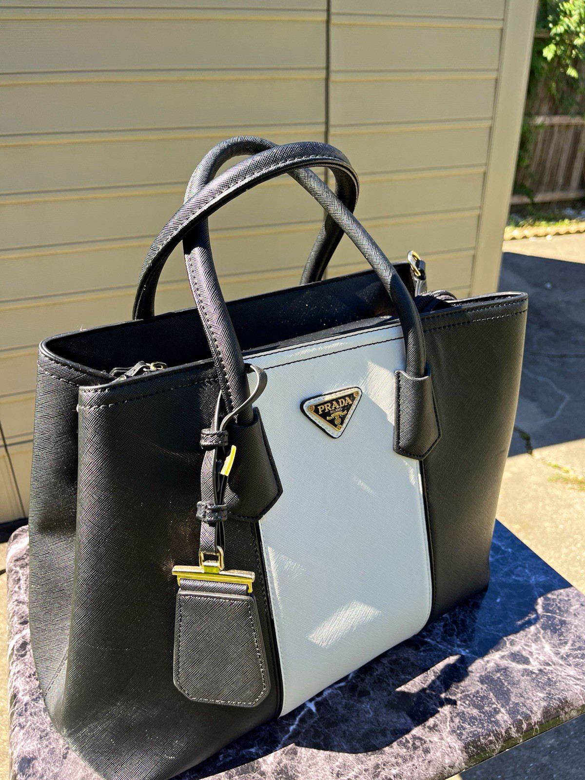 PRADA Milano Black/White Satchel | Top Handle Bag Logo Plaque w/Gold Hardware