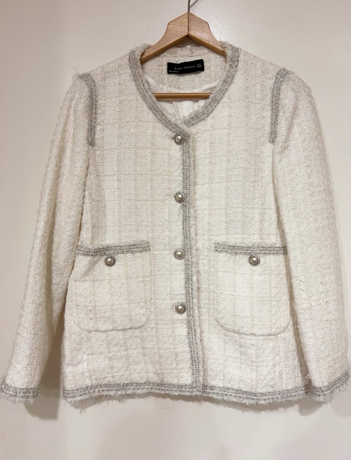 Zara White / ivory Fantasy Tweed Blazer  with Pearl Buttons Size medium
