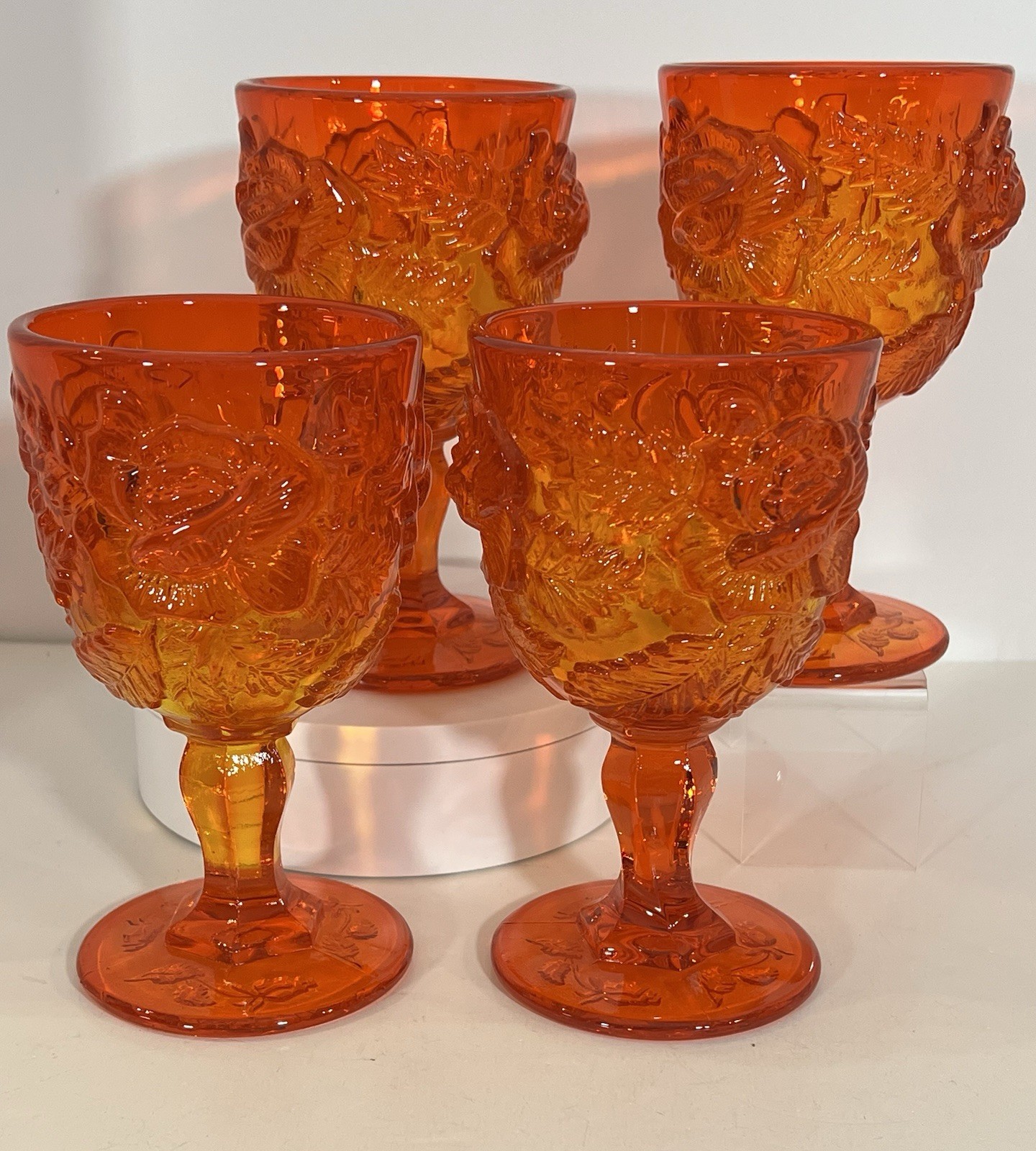 4 Rare Fenton/Wright Madonna Inn Orange Wild Rose Goblet Cadmium Glow MINT 4 Rare Fenton/Wright Madonna Inn Orange Wild Rose Goblet Cadmium Glow MINT