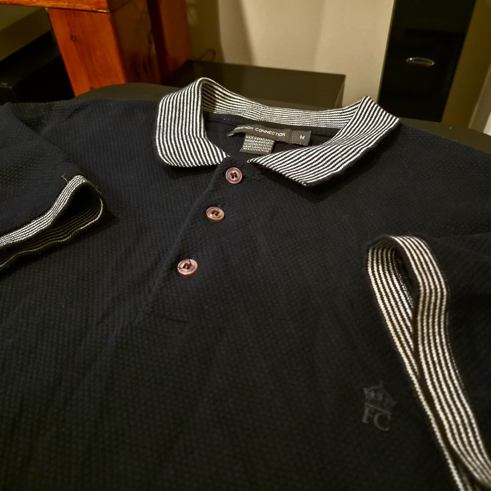 French Connection Men\'s Navy Cotton Knit Polo Shirt M Short Sleeve Logo