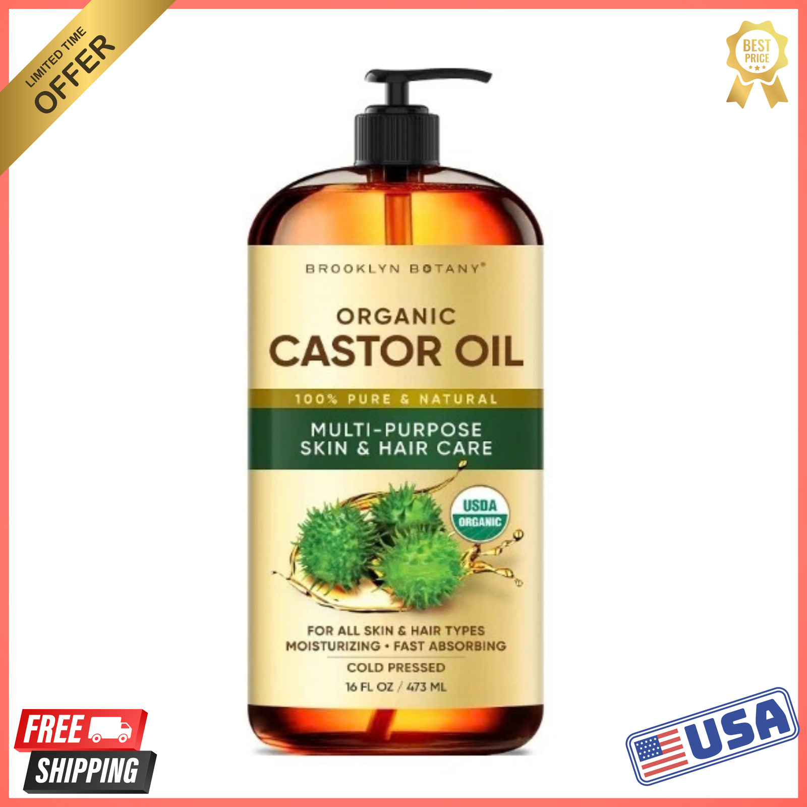 Premium Organic Castor Oil 100% Pure and Hexane-Free Cold-Pressed Beauty 16 fl.