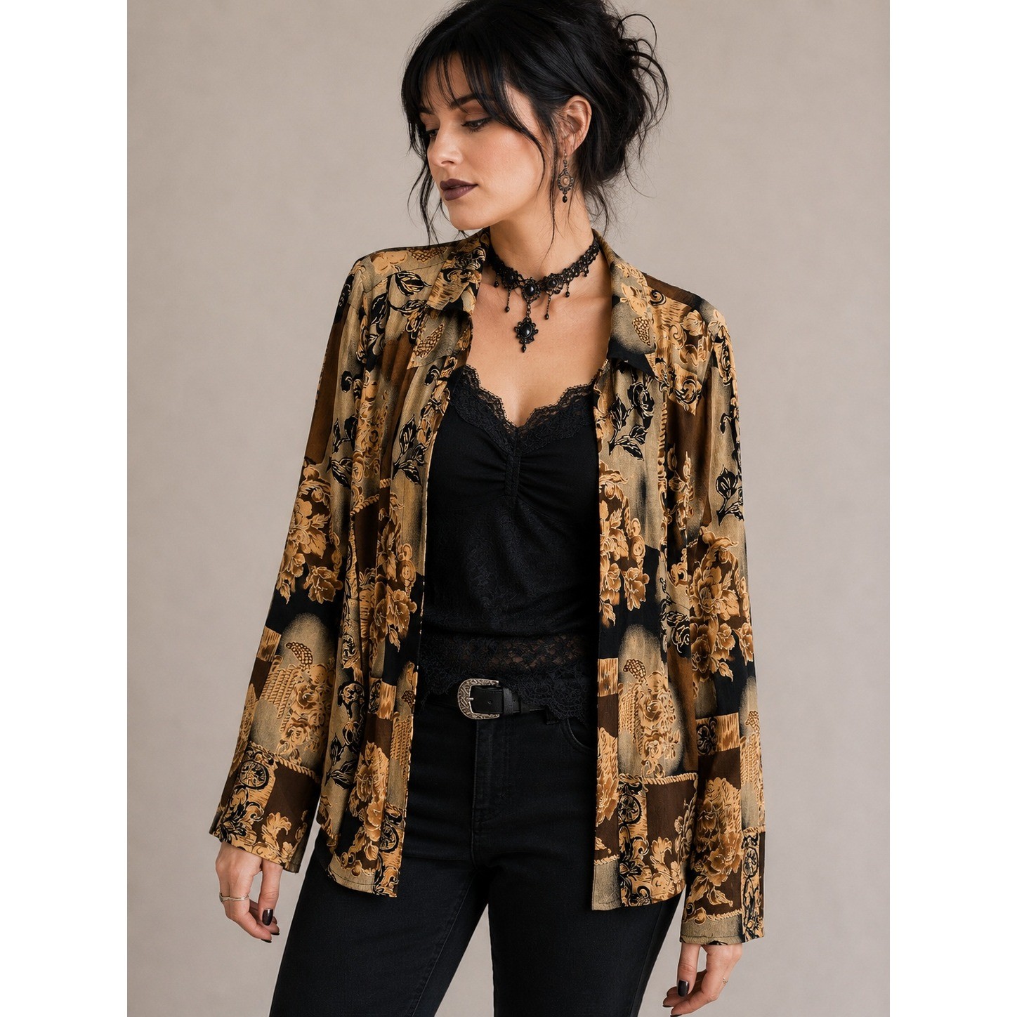 Whimsigoth Dark Romantic Floral Shirt R&M Richards L Metallic Slit Back